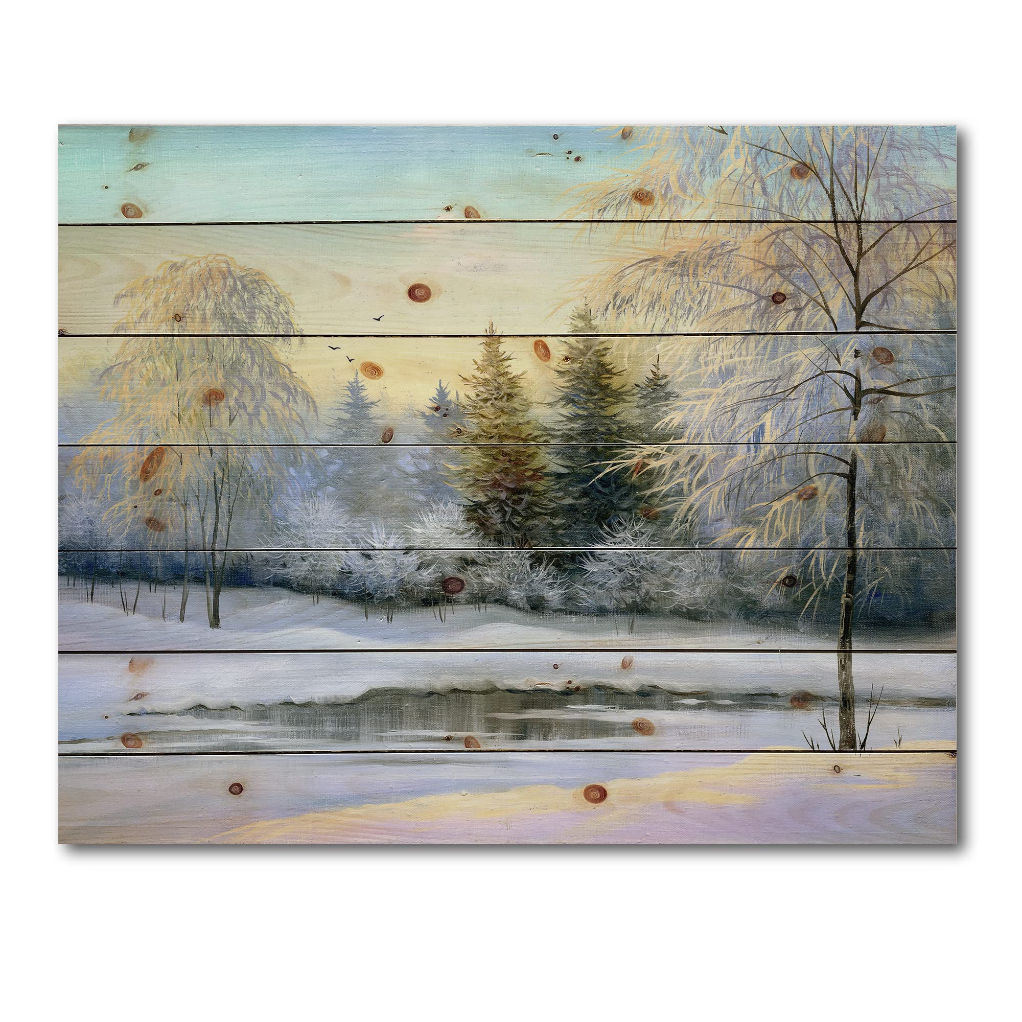 DesignQ Green Trees in Winter Landscape - Traditional Wood Wall Art Decor, Large White Pine Wood Wall Panels with Printed Scenery - Perfect for Living Room, Bedroom & Office Decoration