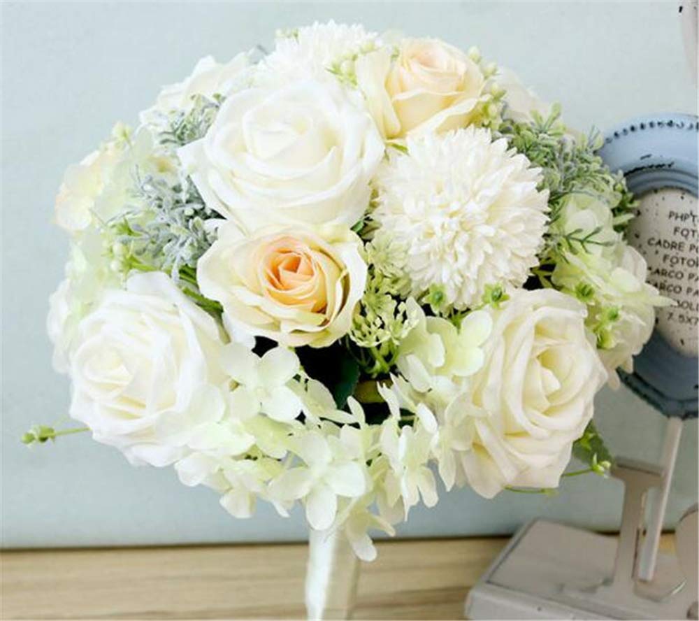 Elegant Ivory, Green & Champagne Fabric Flower Wedding Bouquet - Bridal & Bridesmaid Bouquet with Roses & Dahlia for Toss Ceremony | Perfect for Bridal Showers, Wedding Receptions & Photo Shoots