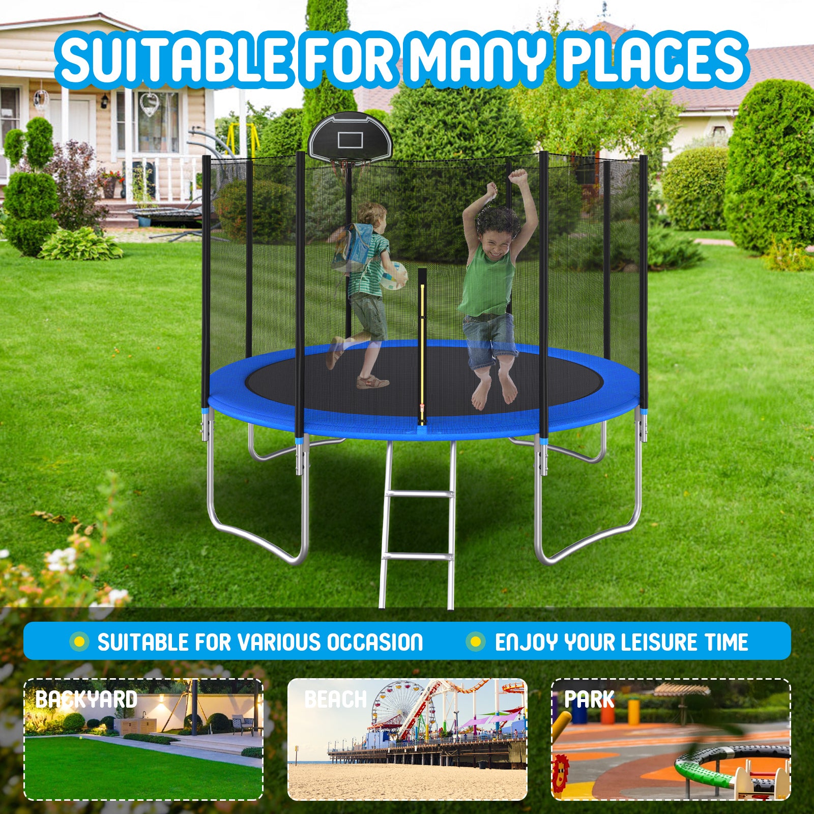 12 FT Outdoor Trampoline with Safety Enclosure & Basketball Hoop - Perfect for Backyard Fun, Kids Play, and Family Fitness Activities