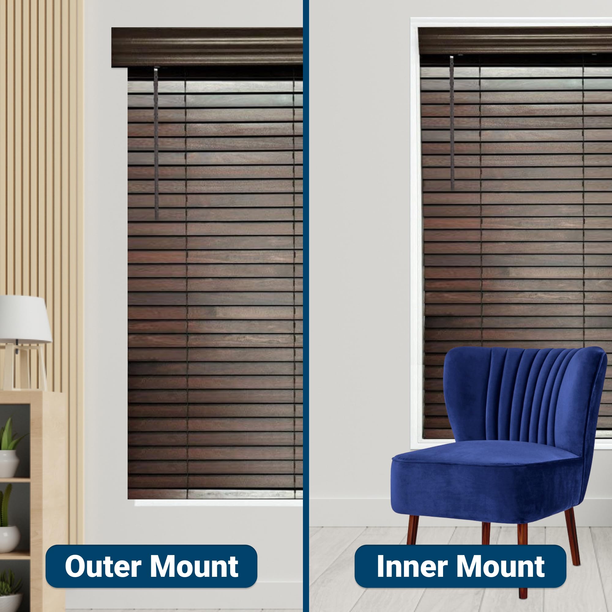 Customizable Wood Horizontal Cordless Window Blinds - 2 Inch Slats in Walnut (Medium-Dark Brown) - Inside or Outside Mount - Perfect for Living Room, Bedroom & Home Office Privacy & Light Control