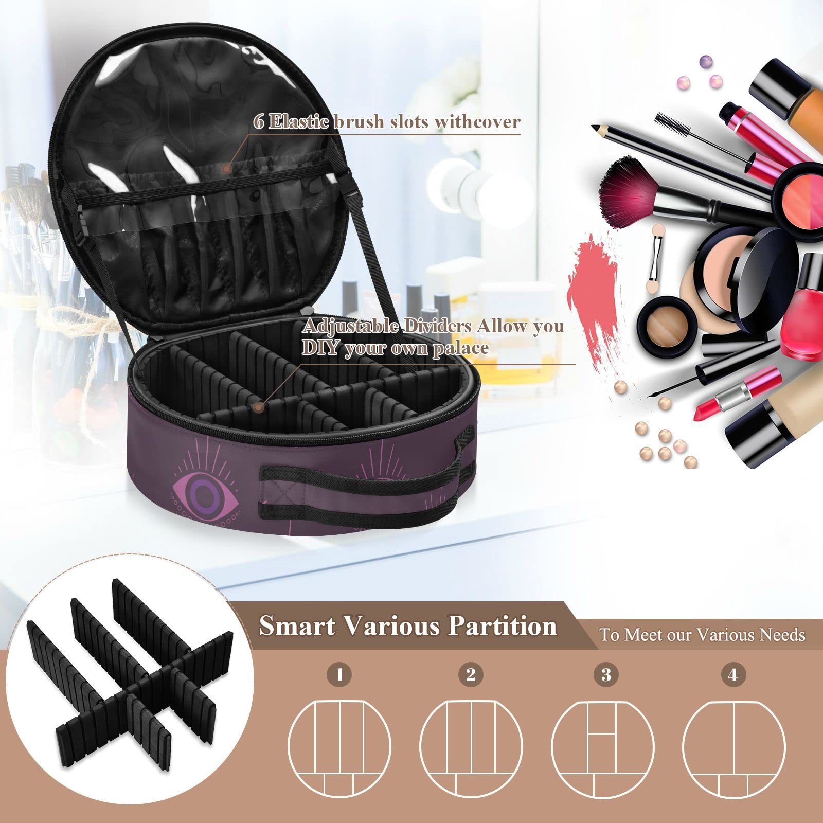 Linqin Portable Makeup Organizer for Women - Travel Makeup Bag with Adjustable Dividers & Evil Eye Design - Toiletry Organizer for Brushes, Jewelry, Cosmetics (One Size) - Perfect for Travel, Home Storage & Daily Organization