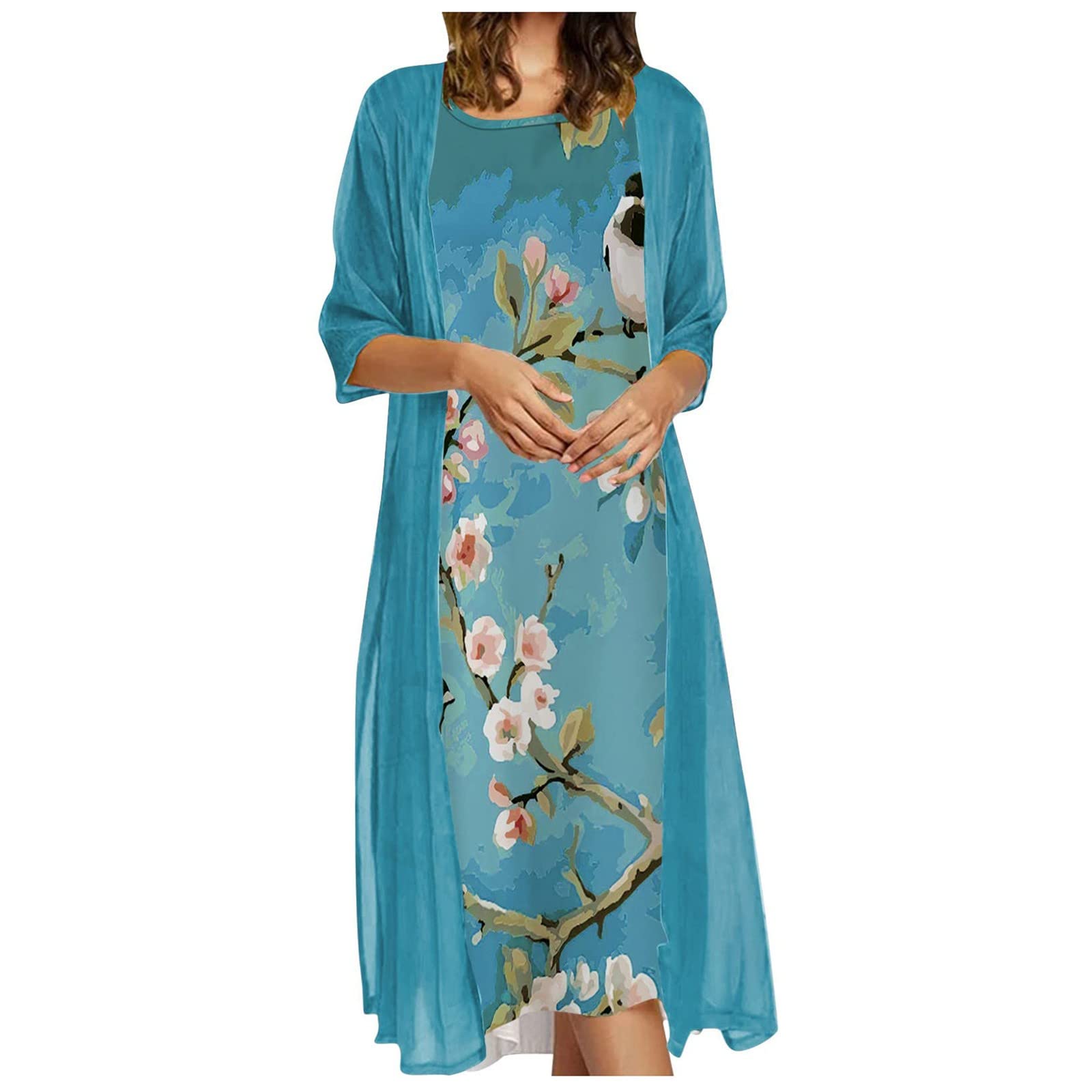 Anjikang Women's Floral Two-Piece Dress Set with Long Chiffon Cardigan - Summer Wedding Guest Outfit & Casual Elegant Wear for 2023