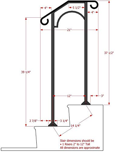 Fortin Ironworks Matte Black Wrought Iron Handrails - Outdoor Stair Railing for Steps, DIY Handrail Arch #1 (Fits One Stair Riser) - Perfect for Porch, Deck, and Garden Safety