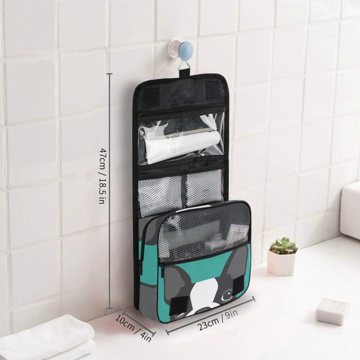 AUUXVA Travel Toiletry Bag - Waterproof Hanging Cosmetic Organizer with Zipper Pockets | Portable Makeup Bag for Women & Men | Perfect for Travel, Gym & Daily Use | Cute Boston Terrier Dog Design