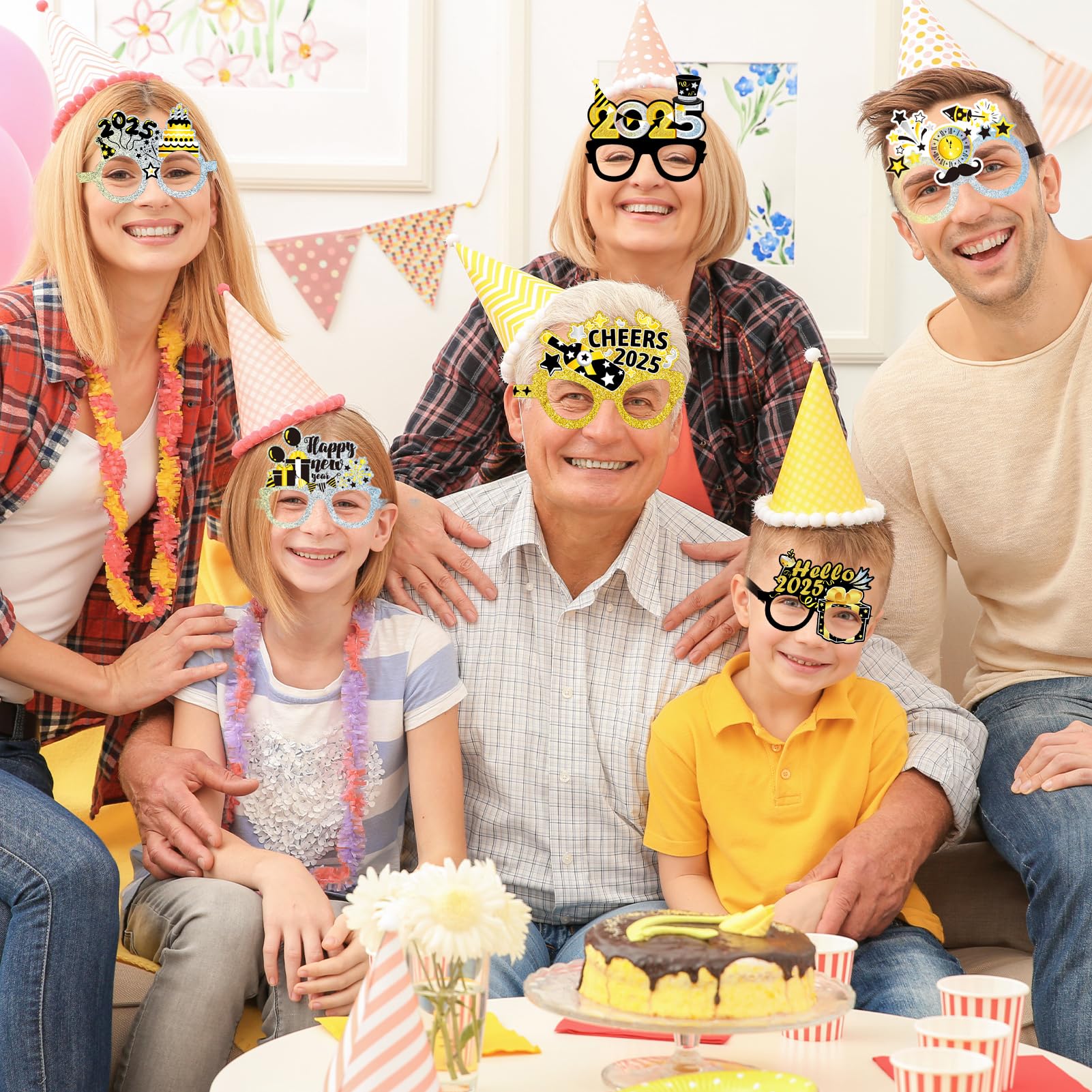 26Pcs Happy New Year 2025 Party Glasses - Black Gold Silver Funny Photo Booth Props & Eve Decoration Supplies for New Year's Eve Parties, Countdown Events & Celebrations