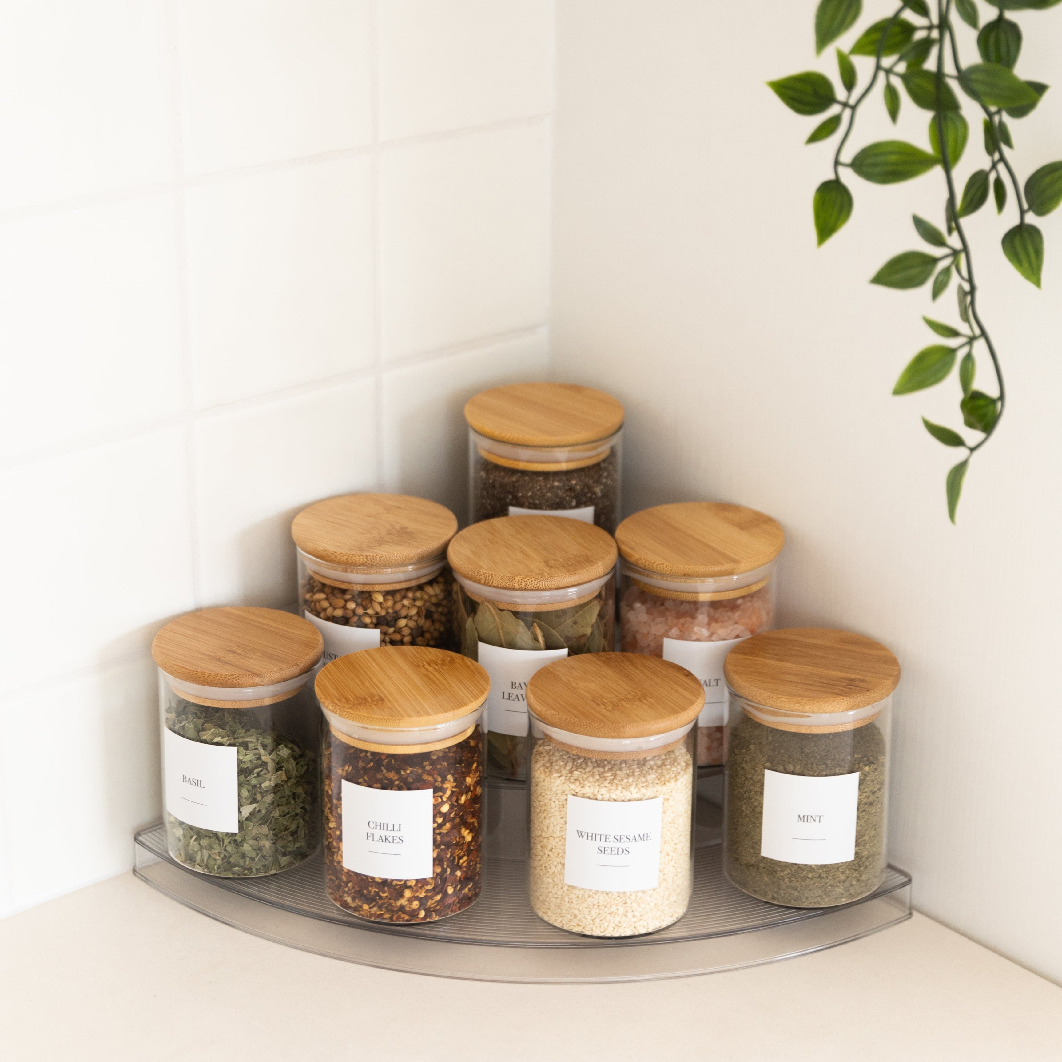 3-Tier Clear Corner Spice Rack Organizer with 8 Glass Jars (200ml Each) - Perfect for Kitchen Countertop, Pantry & Cabinet Storage