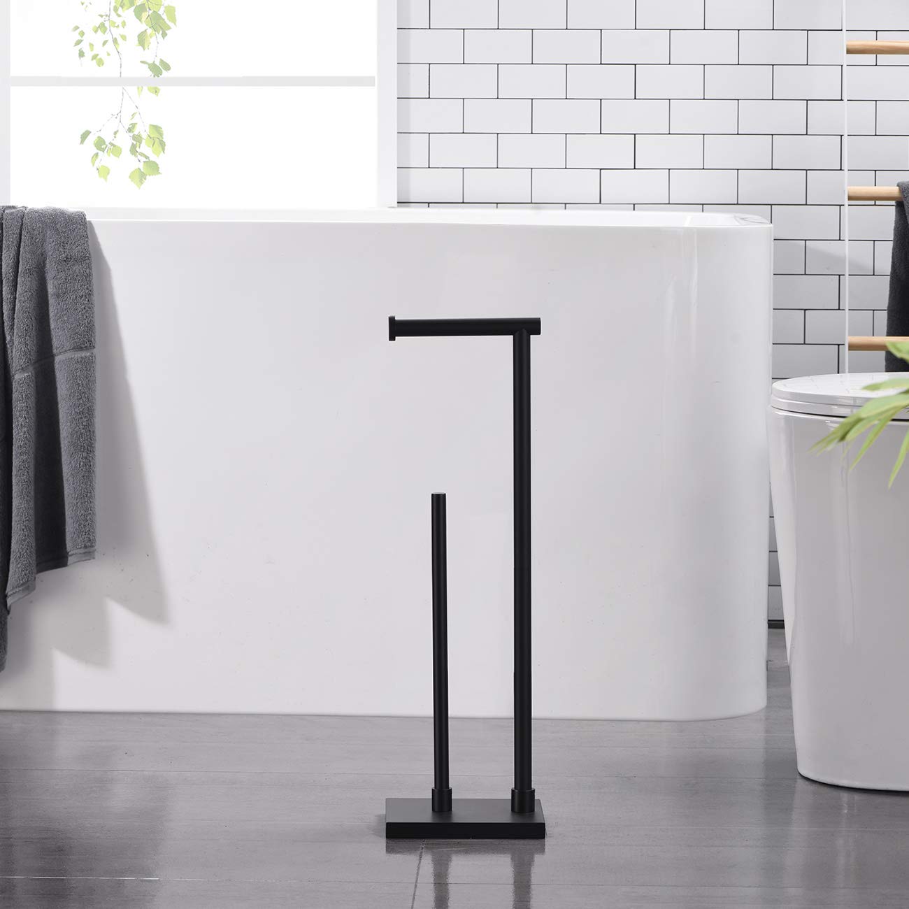 Free Standing Bathroom Toilet Paper Holder Stand with Reserve - Matte Black Stainless Steel Toilet Tissue Dispenser (TPS103S2-BK) - Perfect for Bathrooms, Powder Rooms & RVs
