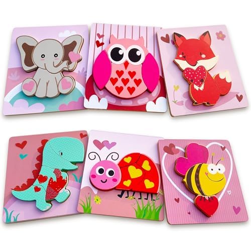 Valentine's Day Wooden Puzzle Set - 6 Pack Educational Toddler Toys for 1 2 3 4 Year Old Boys & Girls - First Valentine's Gift for Kids - Perfect for Preschool Learning & Holiday Gifting