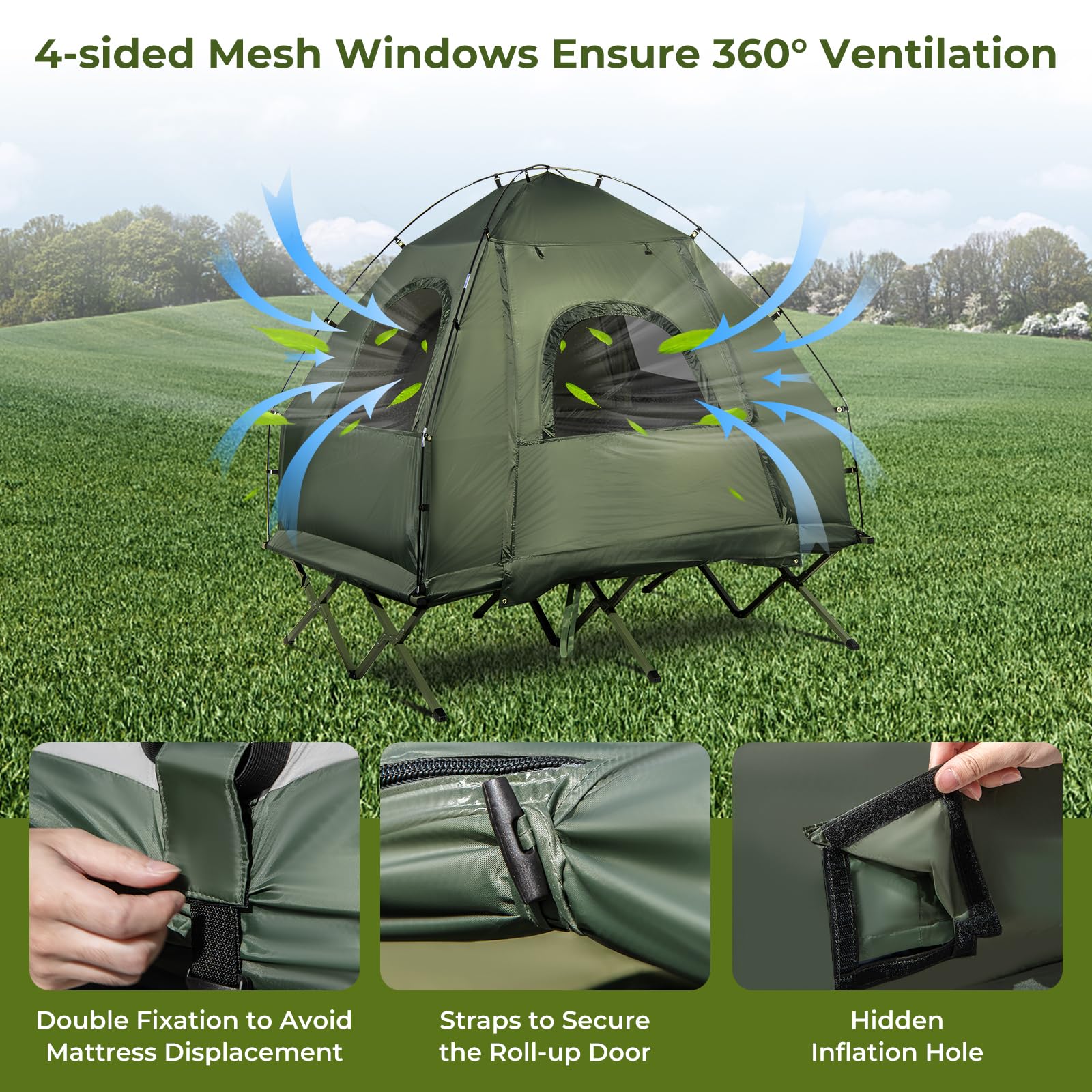 GYMAX 5-in-1 Folding Tent Cot with Mattress & Pillows - Portable Elevated Camping Bed with Sunshade and Carrying Bag - Perfect for Outdoor Adventures, Hiking, Fishing, Picnics and Backyard Camping