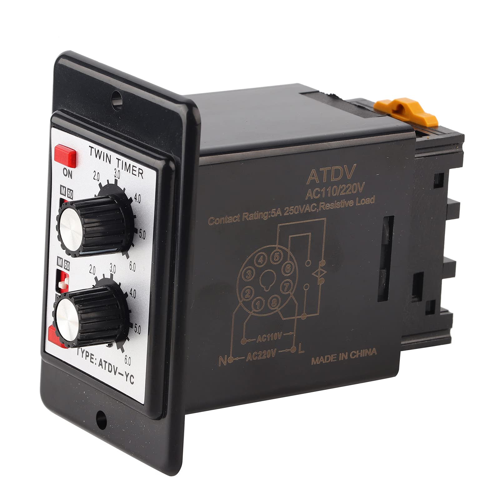 Eujgoov On Off Twin Timer Relay Knob Control - Adjustable Time Switch for Short Period, Repeat Cycle & Intermittent Timing (DC12V) - Perfect for Lighting Control, Irrigation Systems & Industrial Automation (ATDV-YC 6S-60M)