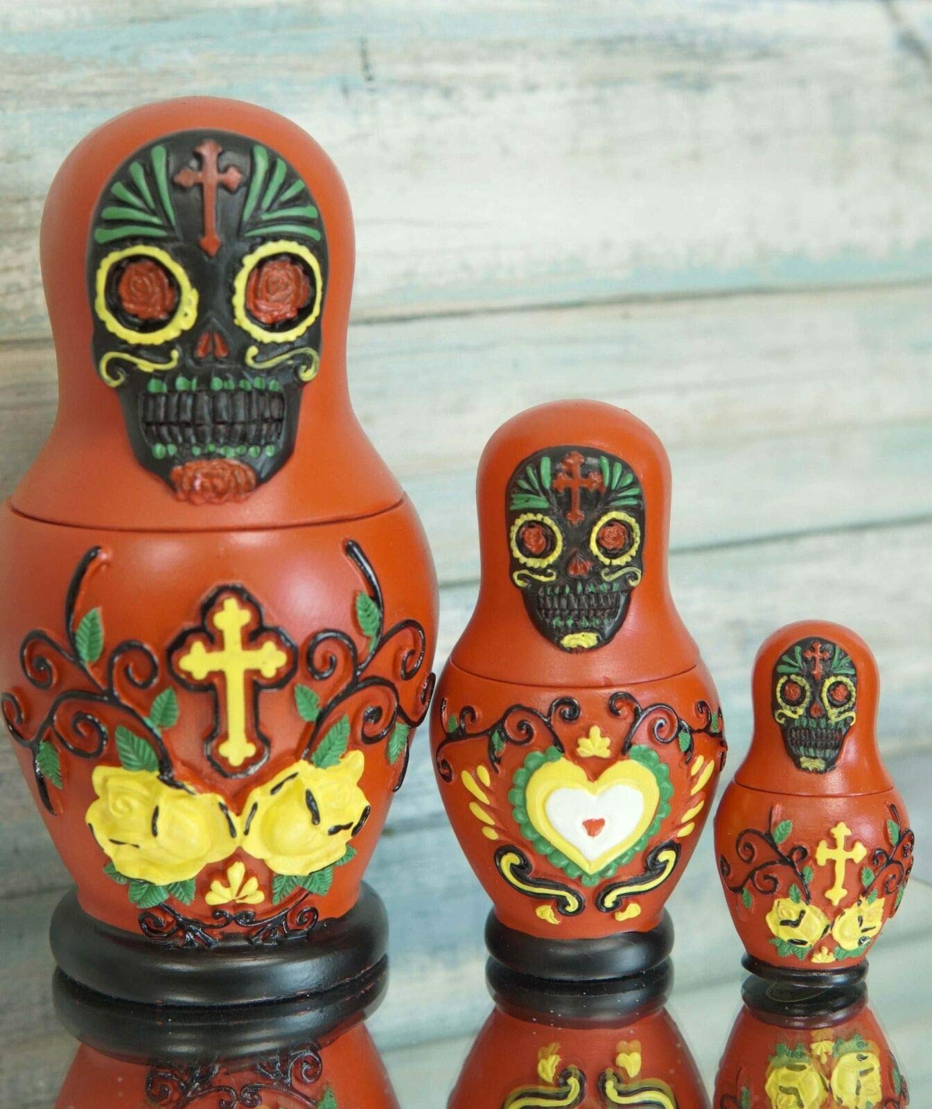 HomDEc Red Day of The Dead Sugar Skulls Nesting Dolls - 3 Piece Matryoshka Babushka Set for Halloween Decor, Mexican Folk Art Collectibles & Unique Gift Ideas