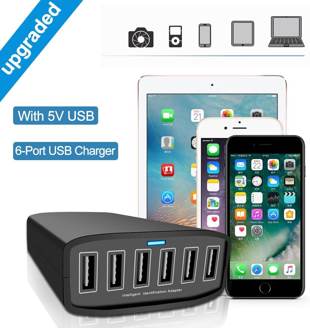 60W 6-Port USB Desktop Charger Station - Fast Charging Hub for iPhone 15/14/13, iPad Air, Samsung Galaxy, Tablets & More - Perfect for Home, Office & Travel Use
