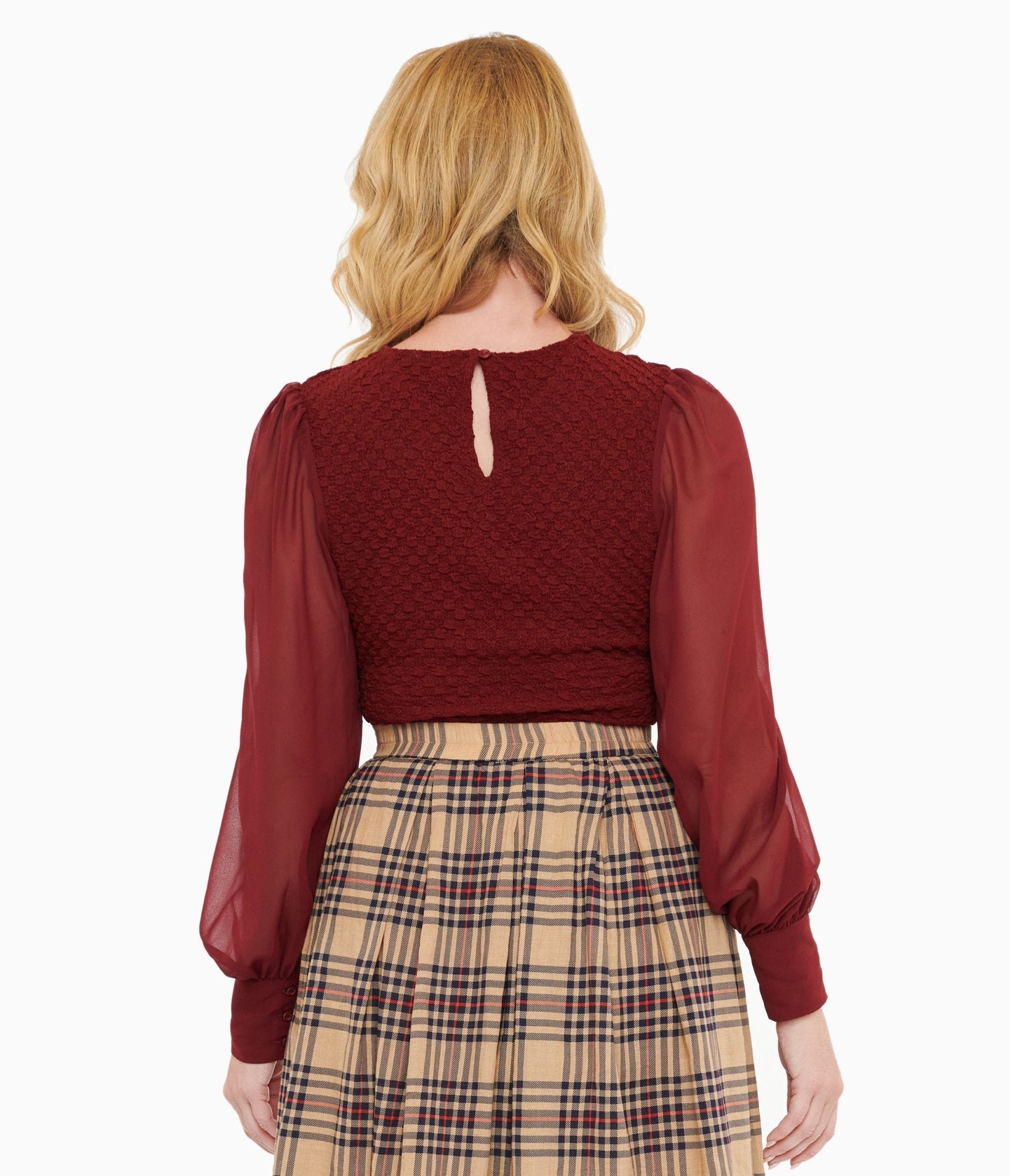 Burgundy Textured 'Embrace The Journey' Woven Blouse for Women | Elegant Casual & Office Wear | Perfect for Work, Date Nights & Special Occasions
