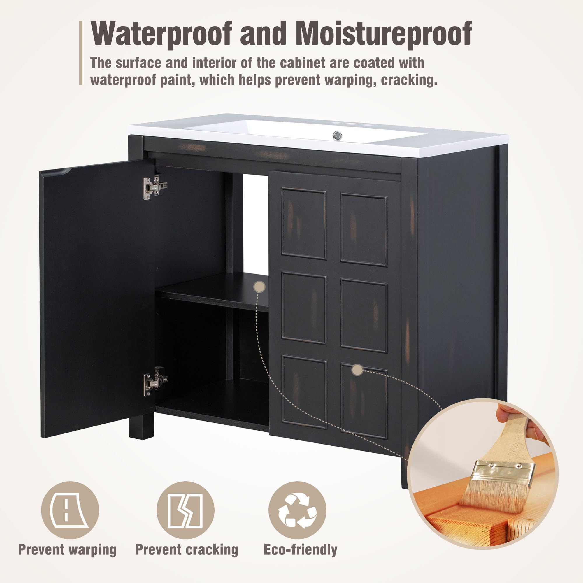 P PURLOVE 36 Inch Modern Bathroom Vanity with Sink Top Combo Set - Single Bathroom Cabinet with Adjustable Shelf, Soft Closing Doors & Wooden Finish - Perfect for Small Bathrooms, Powder Rooms & Home Renovations