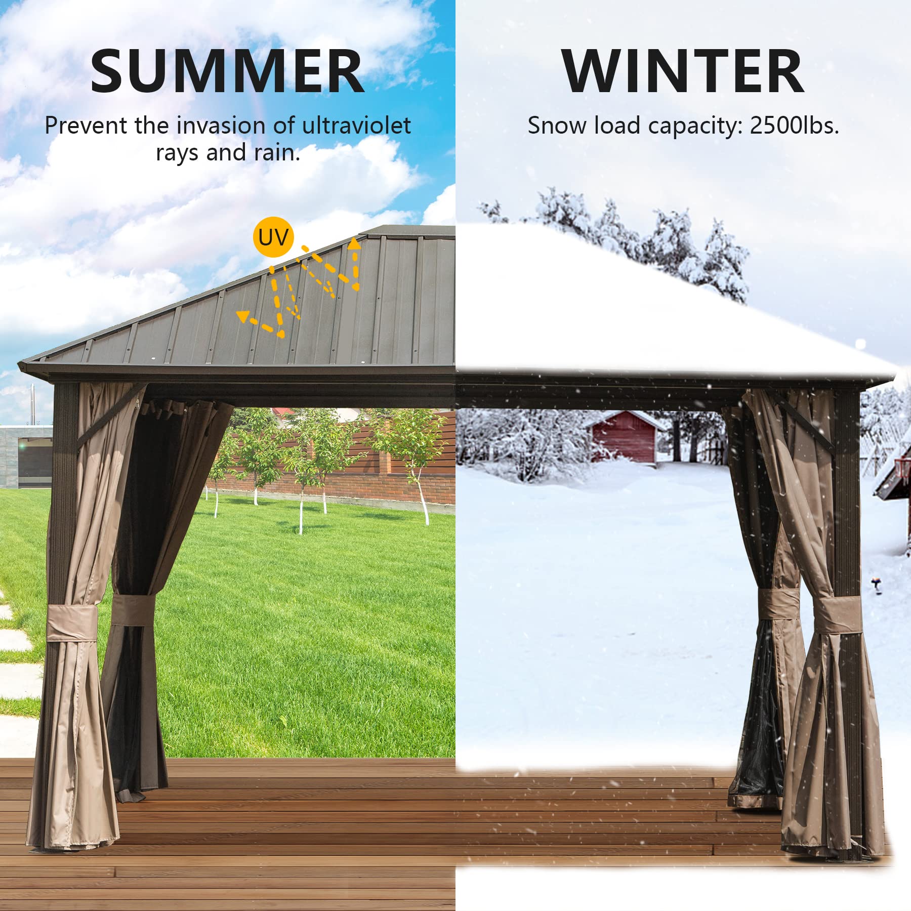 10' x 12' Domi Hardtop Gazebo - Galvanized Steel Roof & Aluminum Frame Permanent Outdoor Pavilion with Netting & Curtains - Perfect for Garden, Patio, Lawn Parties & Backyard Relaxation (Dark Brown)