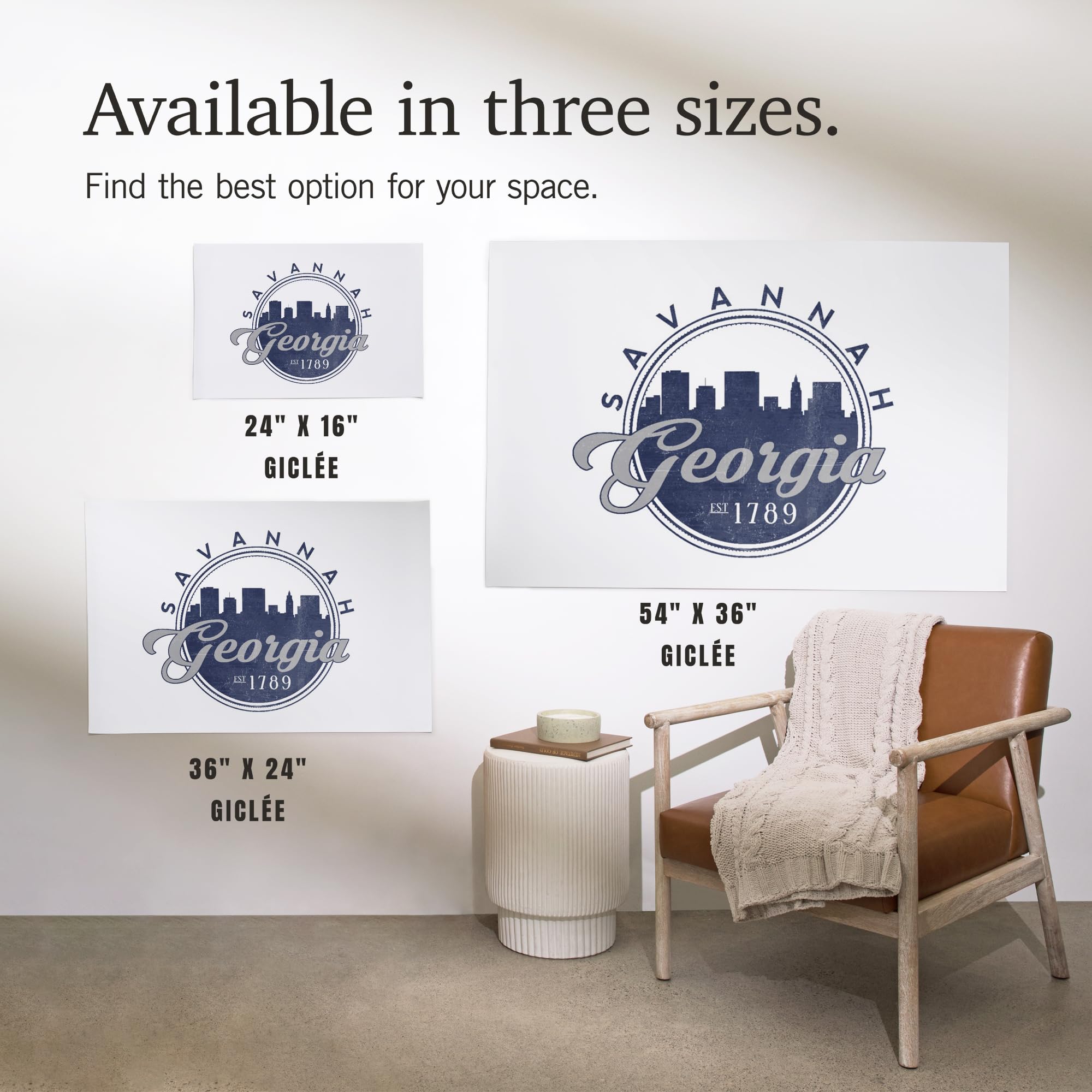 Lantern Press 16x24 Inch Giclee Art Print - Savannah Georgia Skyline Seal in Blue | Premium Wall Decor for Living Room, Bedroom & Office
