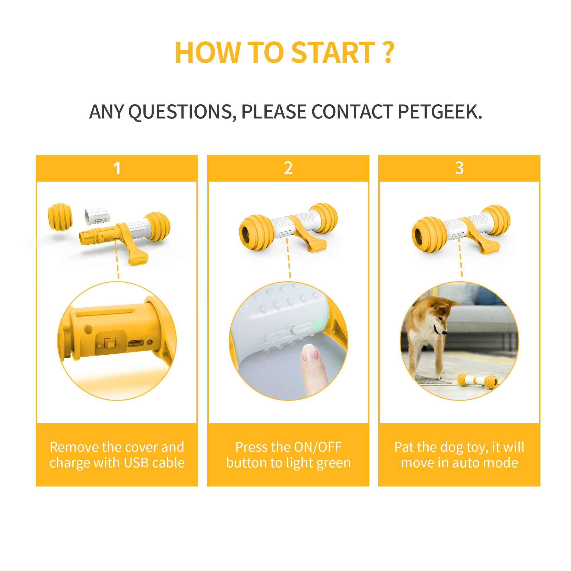 PETGEEK Interactive Dog Toys for Medium & Large Dogs - Motion Activated Electronic Dog Bone, USB Rechargeable Automatic Pet Toy to Relieve Boredom & Stimulate Play (Yellow) - Perfect for Indoor Play, Training & Keeping Dogs Entertained