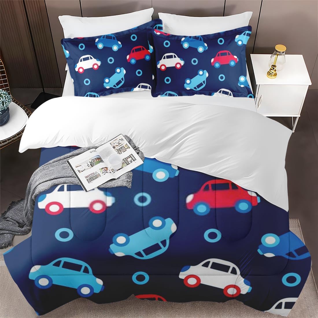 **Cars Themed Twin Size Comforter Set - Blue and Red Soft Bedding for Kids & Adults - Includes Pillowcase - Perfect for Nursery, Toddler Room & Bedroom Decor**