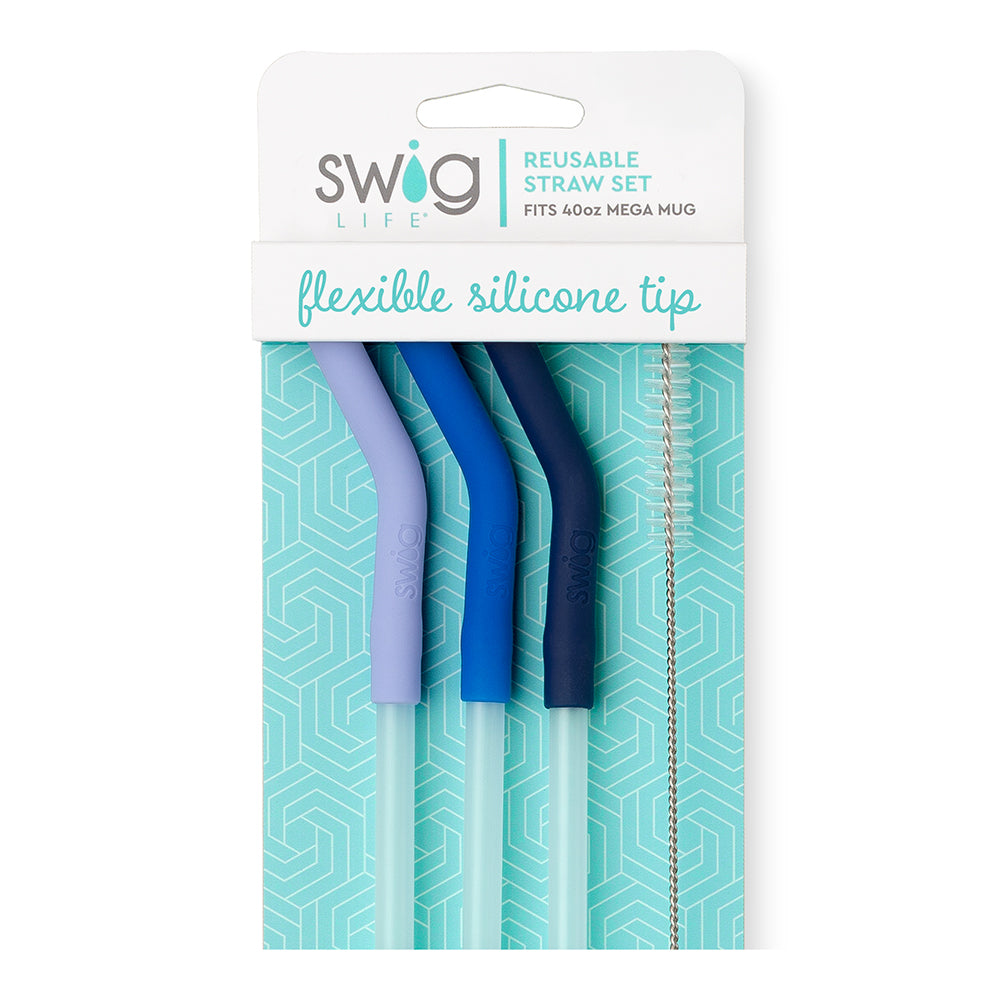Hydrangea Blue Royal Navy Reusable Straw Set - 4 Pack Stainless Steel Drinking Straws with Cleaning Brush for Smoothies, Iced Coffee & Cocktails - Eco-Friendly Mega Mugs Gift Set for Home, Office & Travel