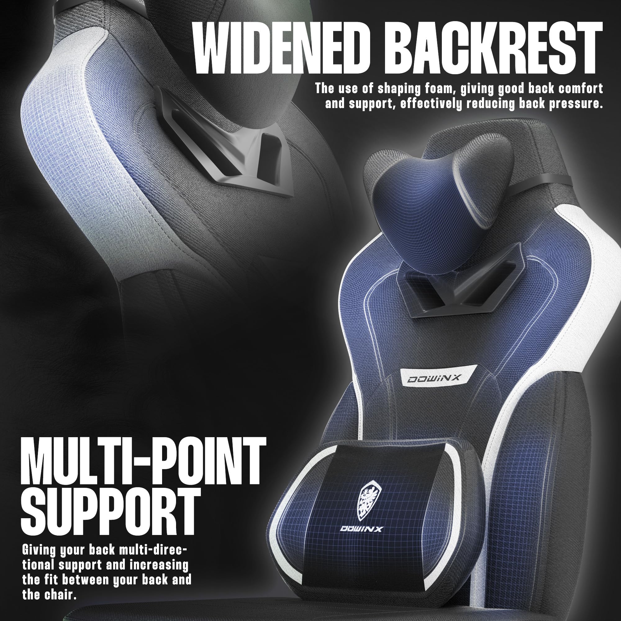 Dowinx Ergonomic Fabric Gaming Chair with Adjustable Footrest & Lumbar Massage - Heavy Duty Computer Game Chair for Adults Up to 200lbs - Perfect for Esports, Office Work & Home Gaming Setup (Black)