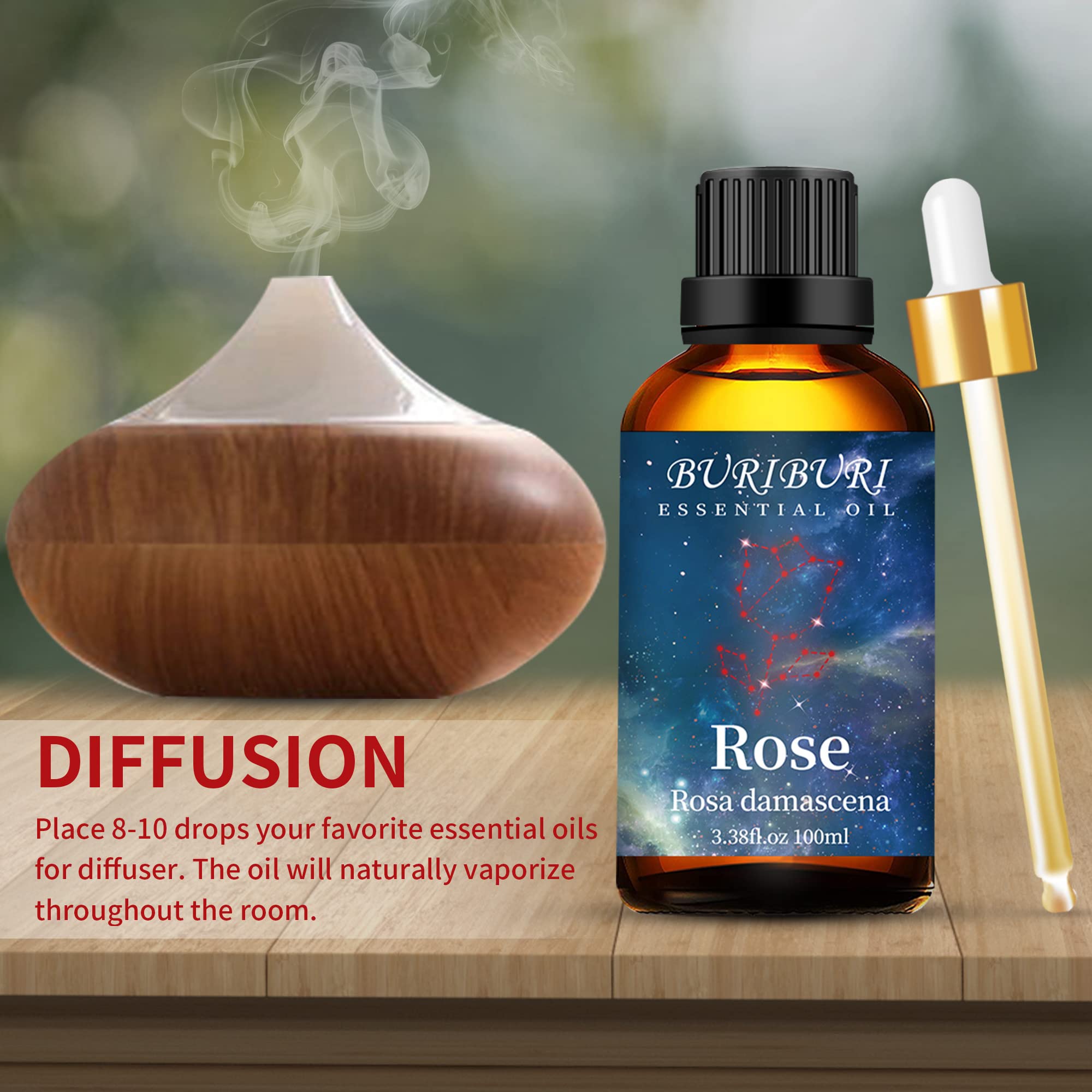 100% Pure Natural Undiluted BURIBURI Rose Essential Oil 3.38 fl.oz (100ml) - Aromatherapy Gift Set for Soap Making, Candle Making, Massage, Diffuser & Humidifier | Perfect for Relaxation, Skin Care & Home Fragrance