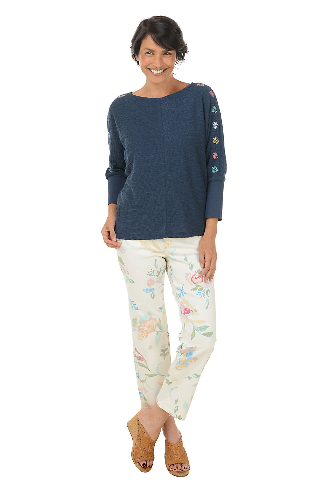 Libby Denim Crop Pants with Floating Flowers Design - Trendy High Waisted Distressed Jeans for Women | Perfect for Casual Outings, Dates & Summer Fashion