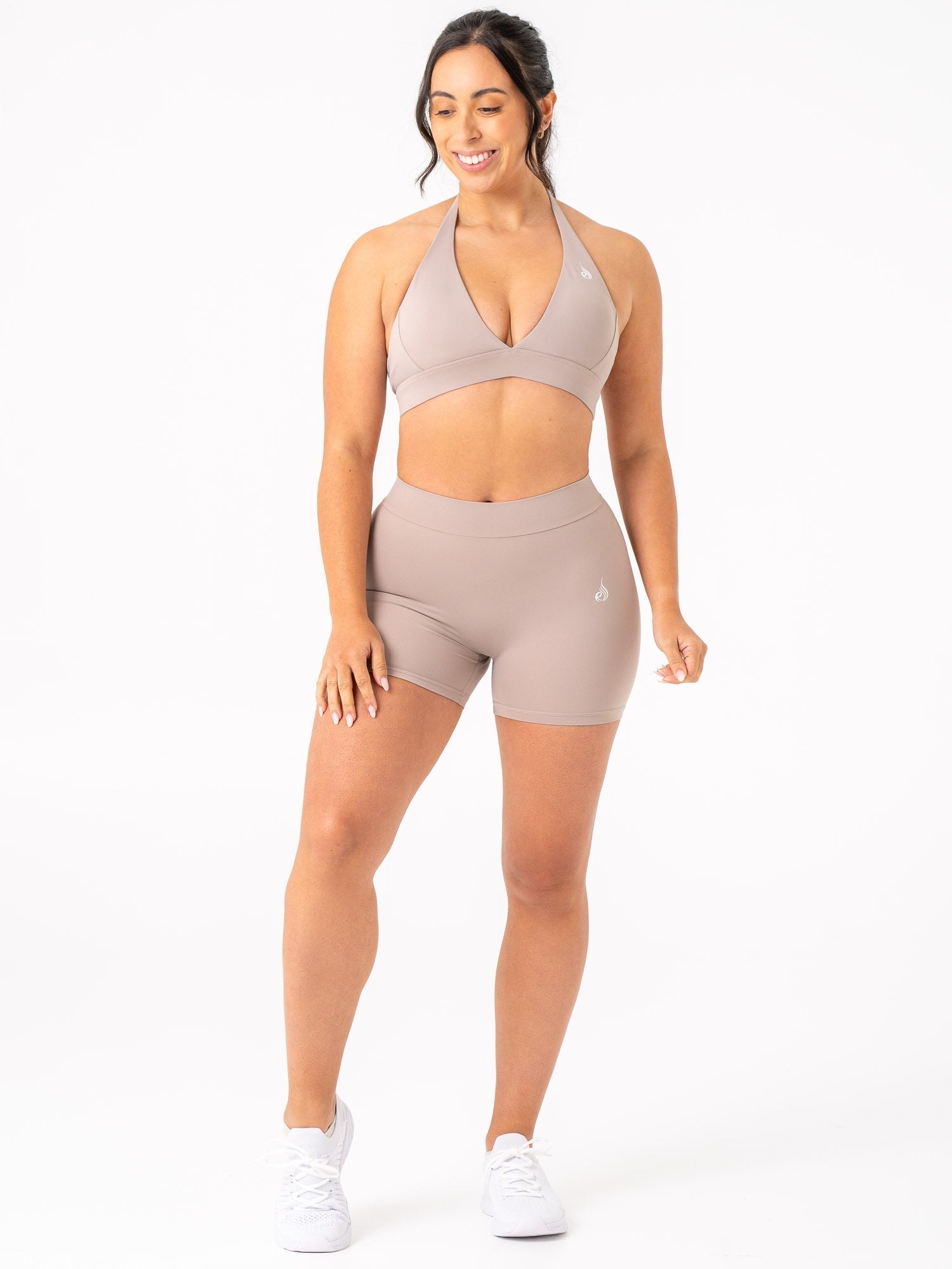 NKD V Scrunch Shorts for Women - High Waisted Tummy Control Workout Shorts in Taupe | Yoga, Running, Gym & Lounge Wear