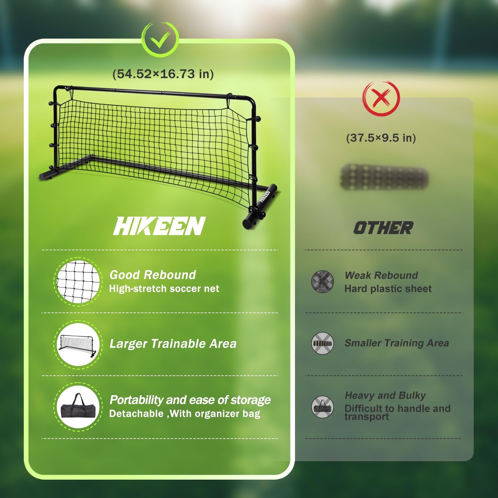 Hikeen 54 x 16 Inch Heavy Duty Soccer Rebounder with Robust Steel Frame & PE Netting - Portable Soccer Training Equipment for Control and Passing Practice - Perfect for Backyard, Team Drills, and Solo Training Sessions