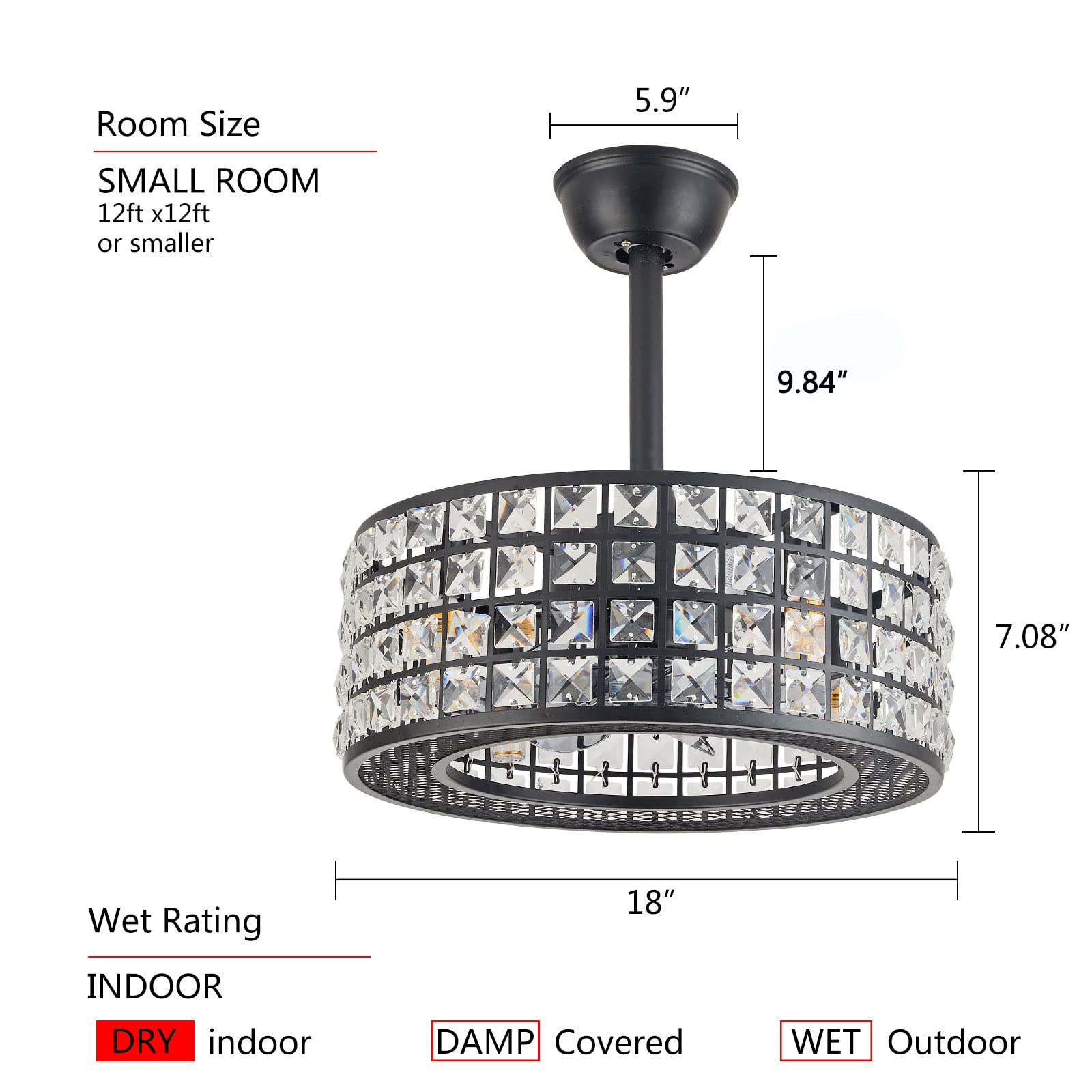 OUKANING 18 Inch Square Crystal Ceiling Fan with Light - 3 Speed Adjustable, Remote Control, Low Profile Enclosed Design for Living Room, Bedroom, Kitchen | Perfect for Modern Home Decor and Energy-Efficient Cooling