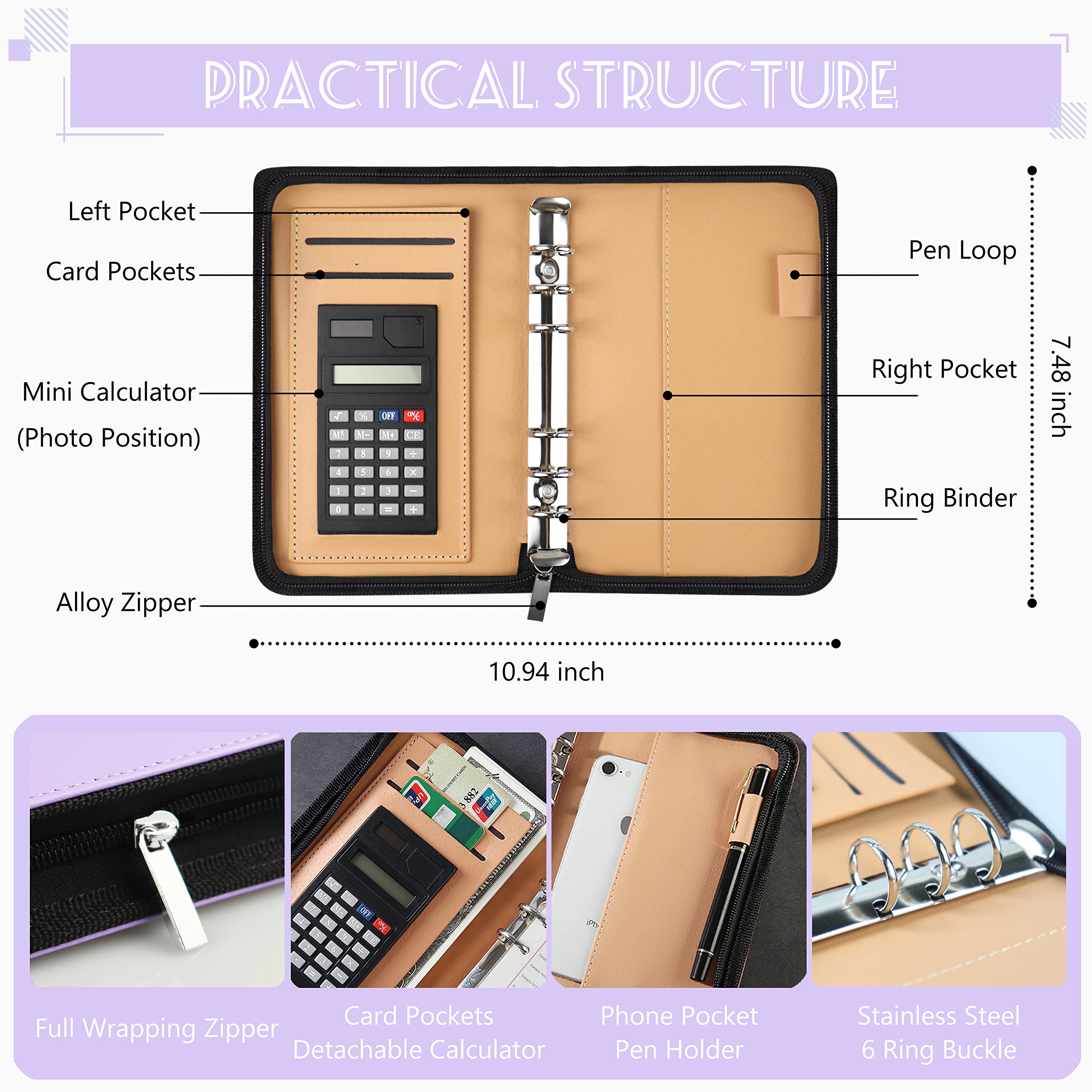 2025 A6 PU Leather Budget Binder with Zipper Envelopes - Cash Envelopes System for Budgeting, Money Organizer & Bill Calculator - Perfect for Cash Saving, Personal Finance & Dave Ramsey Envelope Method (Home/Office/Travel Use)