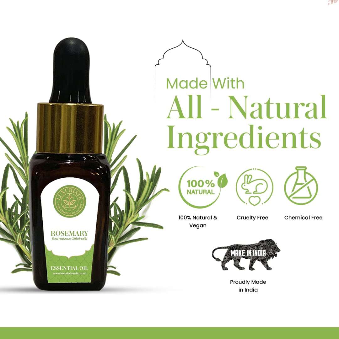 LUXURIATE 100% Pure Natural Rosemary Essential Oil for Hair Growth, Skin Care & Acne Treatment - Aromatherapy Oil for Diffusers, Home Fragrance (10ml) - Perfect for Spa, Massage & Relaxation