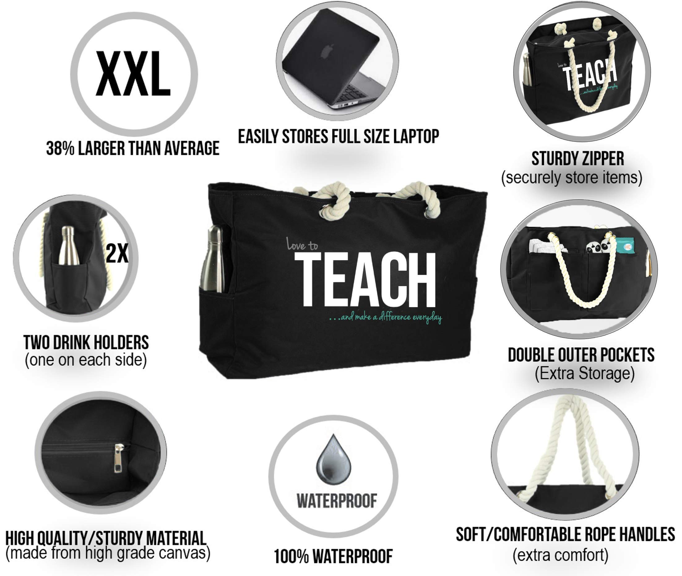 Keho XXL Waterproof Teacher Tote Bag with Multiple Pockets - Large Capacity Work Bag with Comfortable Rope Handles | Perfect Gift for Teacher Appreciation Week, School Supplies & Everyday Commute