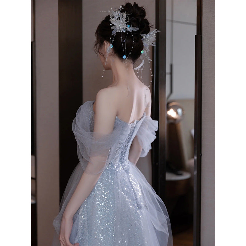 Sparkly Blue Princess Dress Off Shoulder Long Prom Gown for Women - Elegant Formal Evening Party Dress 174 - Perfect for Prom, Homecoming, Ball & Special Occasions