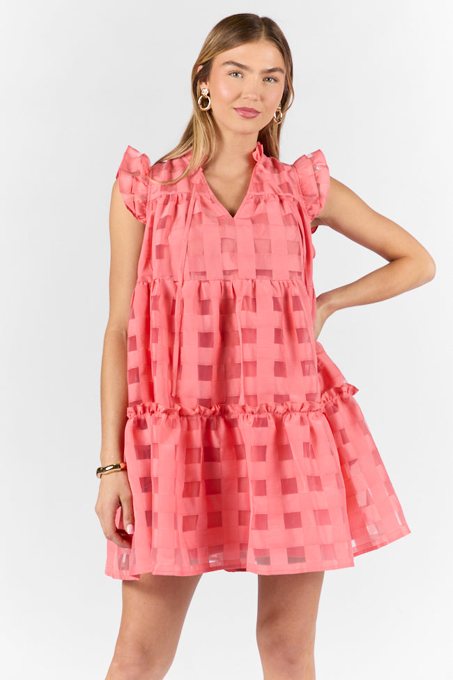 On The Line Coral Ruffle Shoulder Textured Mini Dress - Women's Summer Party Cocktail Dress for Beach Vacation & Date Night