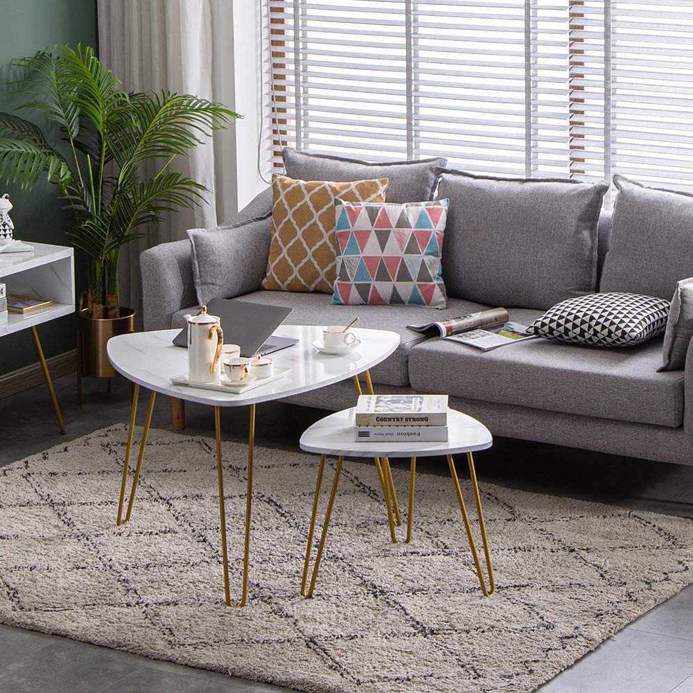 Modern White Marble & Metal Nesting Coffee Tables Set of 2 - Minimalist End/Side Tables for Living Room, Sofa & Home Office - Perfect for Small Spaces, Lounge Areas & Contemporary Decor