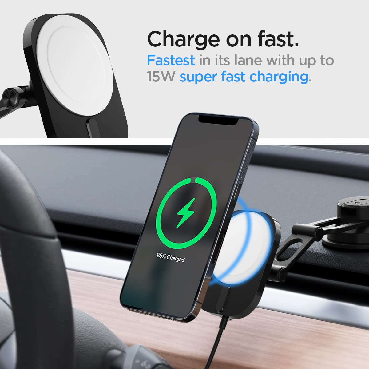 Spigen OneTap Pro 3 (MagFit) MagSafe Car Mount - 15W Apple Certified Wireless Charger for iPhone 16/15/14/13/12 Series - Dashboard, Windshield & Screen Mount - Perfect for Commuting, Road Trips & Hands-Free Navigation