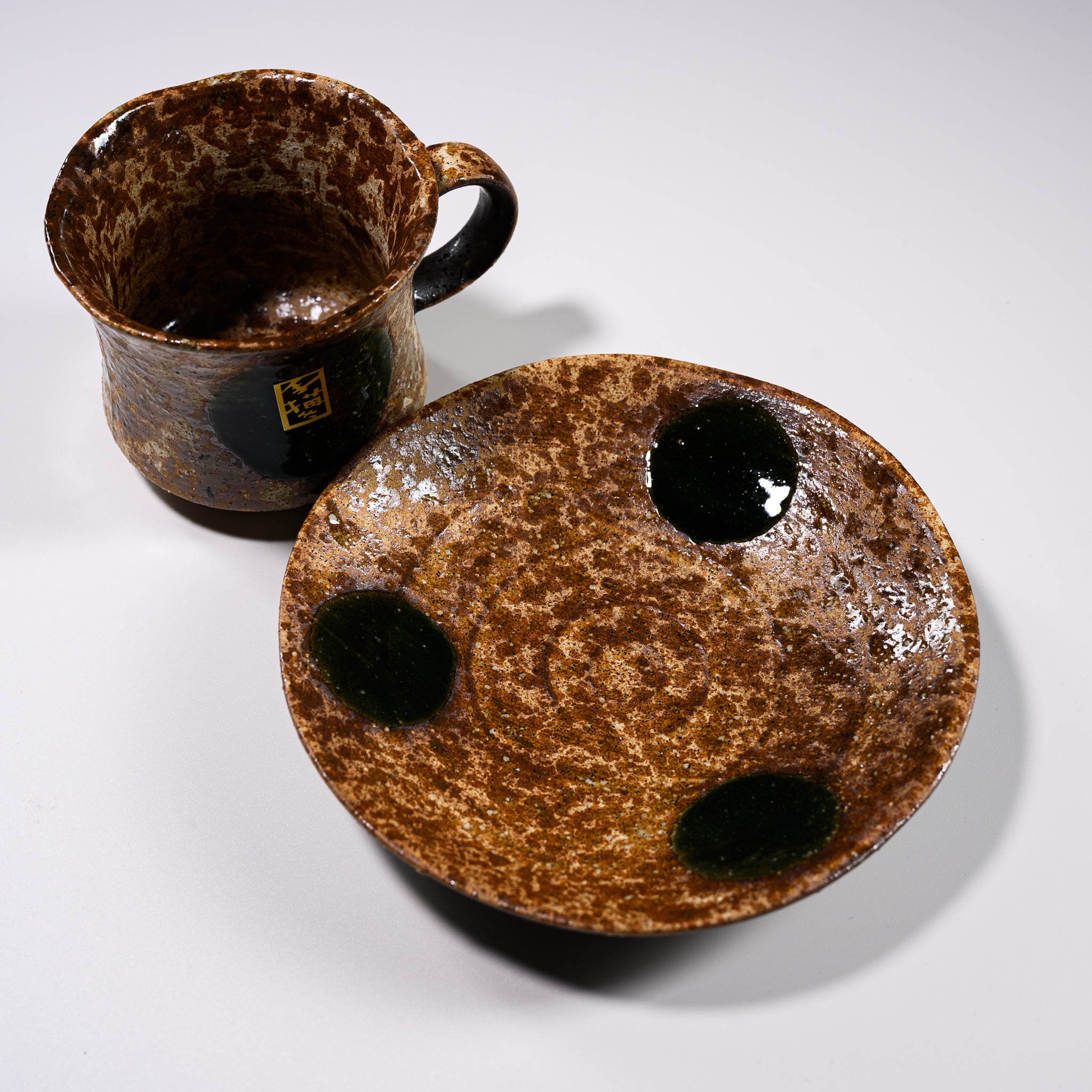 Handmade Mino Ware Ceramic Cup and Saucer Set - Traditional Japanese Oribe Moon Design - Perfect for Tea Ceremonies, Coffee Breaks & Home Decor