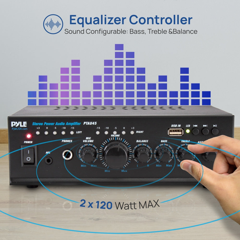Pyle Mini Stereo Amplifier with USB Port - Compact Bluetooth Audio Receiver for Home, Office, and Car Sound System