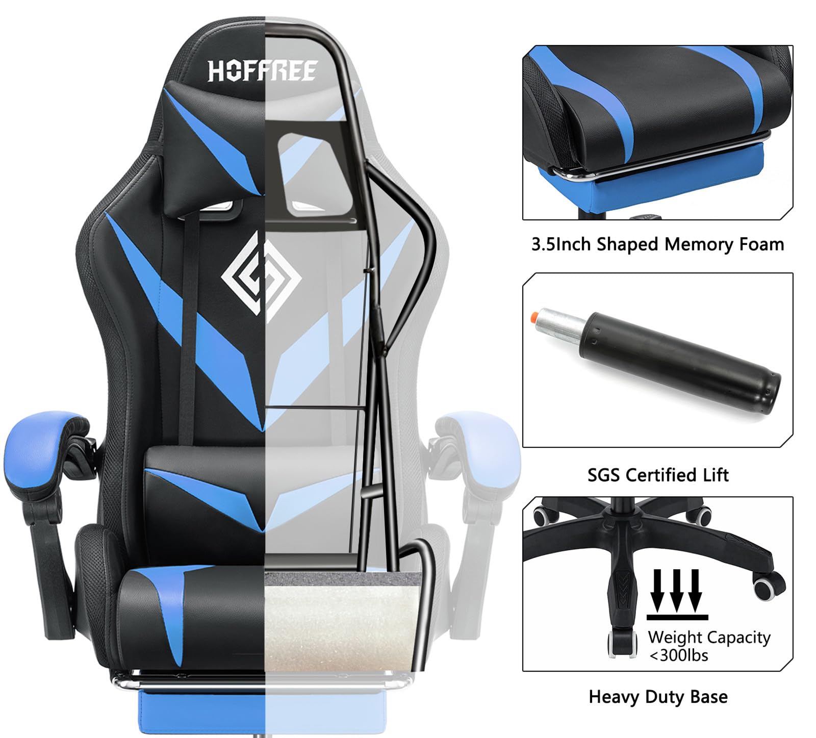 HOFFREE Ergonomic Gaming Chair with Massage, Bluetooth Speakers & RGB LED Lights - High Back Lumbar Support Computer Chair with Footrest for PC Gamers - Perfect for Esports, Streaming & Home Office (Blue & Black)