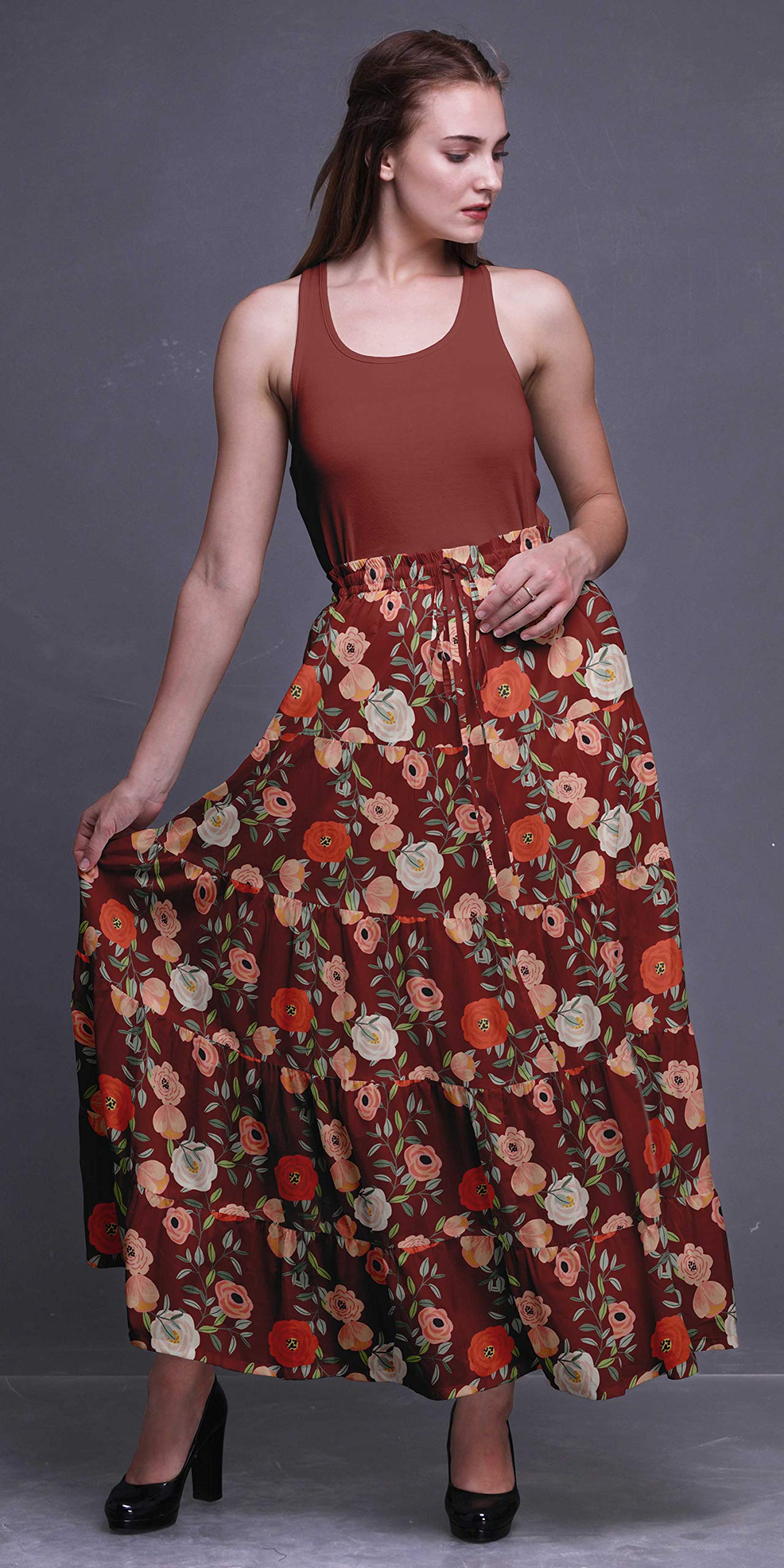 Boho Printed Tiered Maxi Skirt for Women - 5-Layer Cotton Long Skirt - Flowy Summer Beach Skirt for Casual Wear, Vacations & Music Festivals