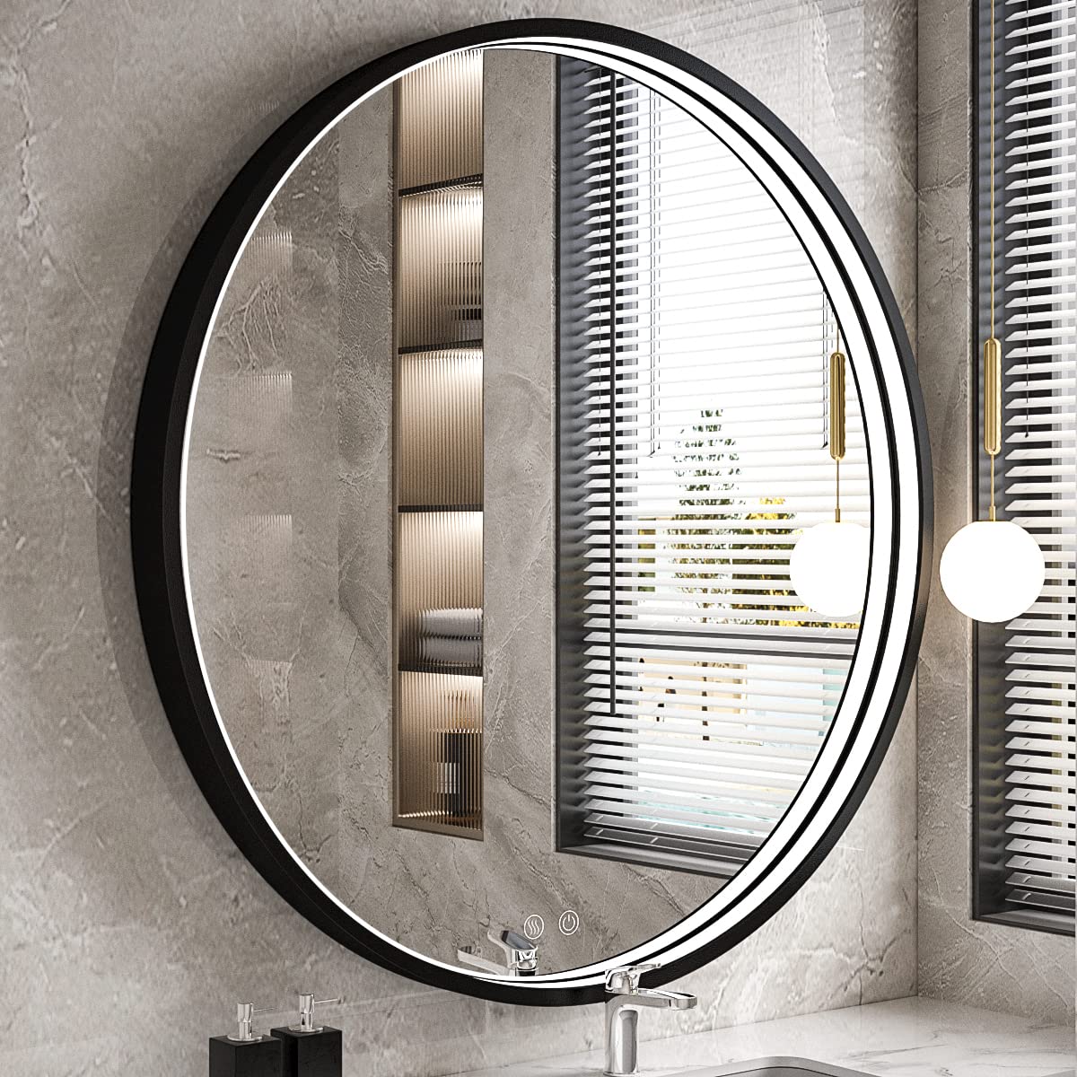 36 Inch LED Round Bathroom Mirror with Light - Black Metal Frame, 6000K Vanity Mirror, Wall Mounted, Anti-Fog, Dimmable Touch Switch, Waterproof IP54 - Perfect for Makeup, Shaving & Home Decor