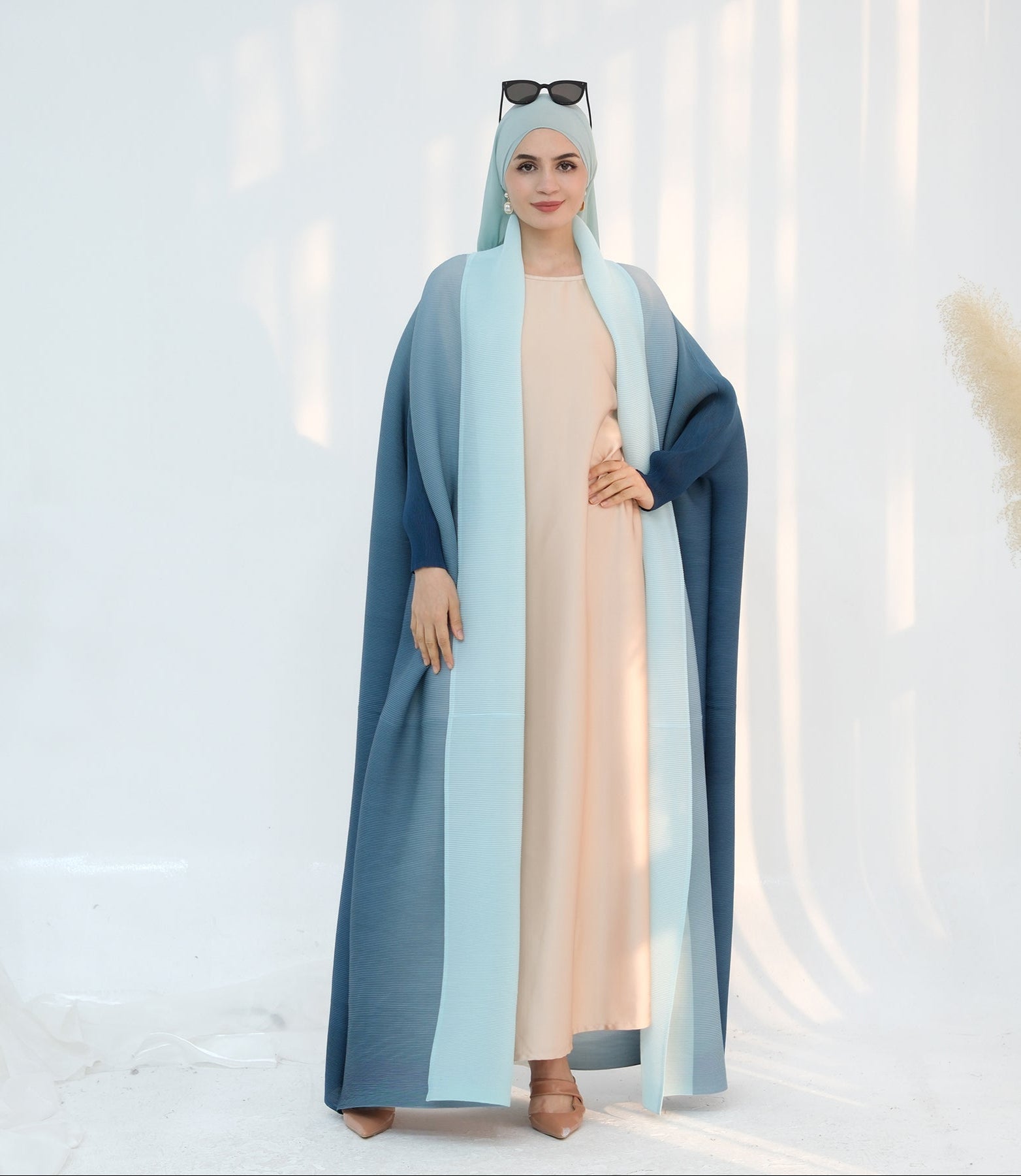 Elegant Pleated Ombre Kimono Open Abaya Dress - Blue Flowy Maxi Robe for Women | Perfect for Beach Cover Up, Evening Parties & Boho Fashion
