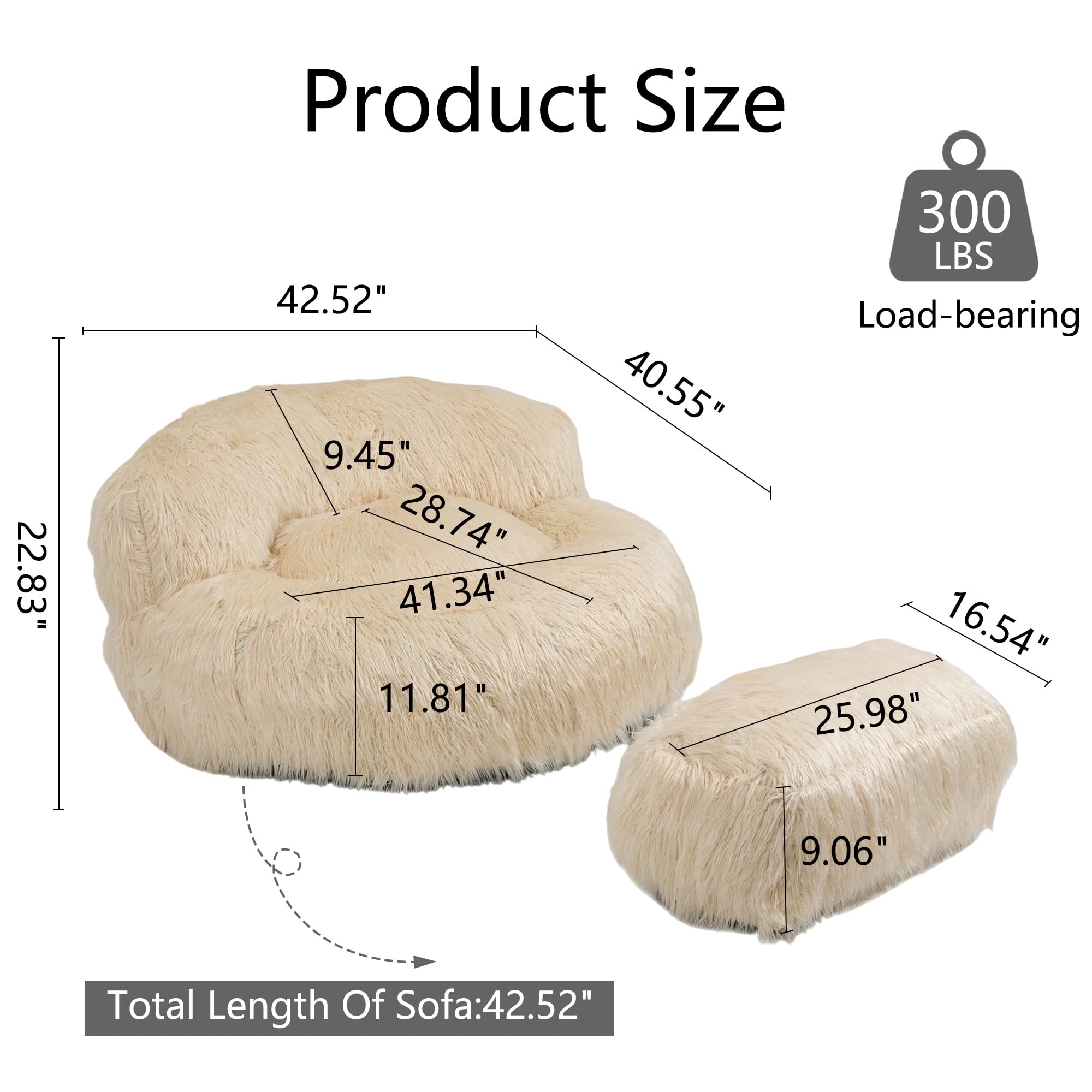 Soft Fluffy Faux Fur Bean Bag Chair with Ottoman - Large Shaggy Plush Lazy Sofa Bed for Living Room, Bedroom & Home Office - Modern Accent Furniture for Relaxing, Gaming & Lounging (Beige)