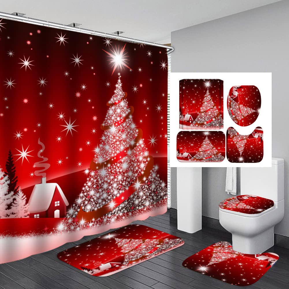 Vintage Red Truck Christmas Shower Curtain Set - Holiday Bathroom Decor with Retro Car Design - Waterproof Fabric Bath Curtain for Xmas, New Year & Winter Home Decor - Perfect for Festive Bathroom Makeovers and Seasonal Celebrations