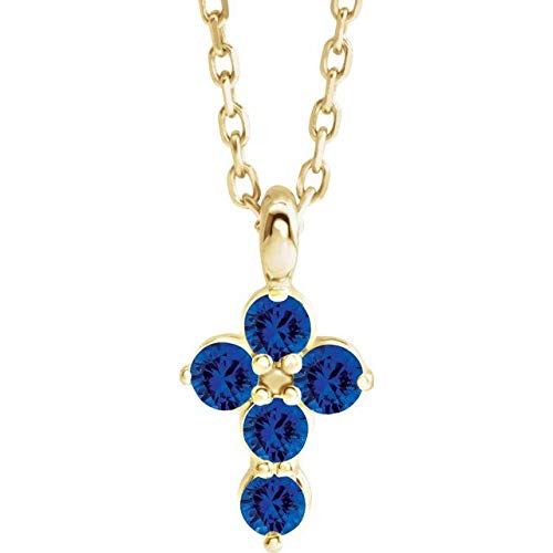 14K Yellow Gold Blue Sapphire Cross Pendant Necklace 16-18