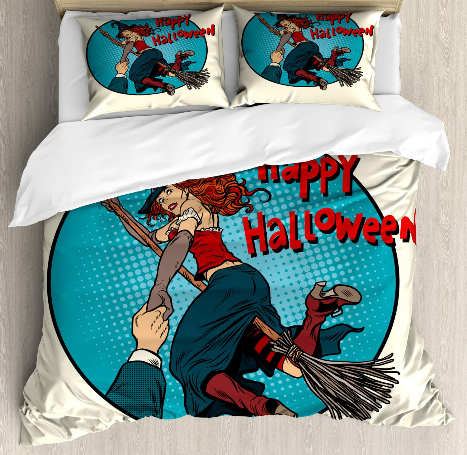 Ambesonne Halloween Duvet Cover Set - Witch on Broomstick Pop Art Design, 3-Piece King Size Bedding with 2 Pillow Shams in Cream, Sea Blue & Dark Pink | Spooky Bedroom Decor for Halloween Party & Themed Guest Room