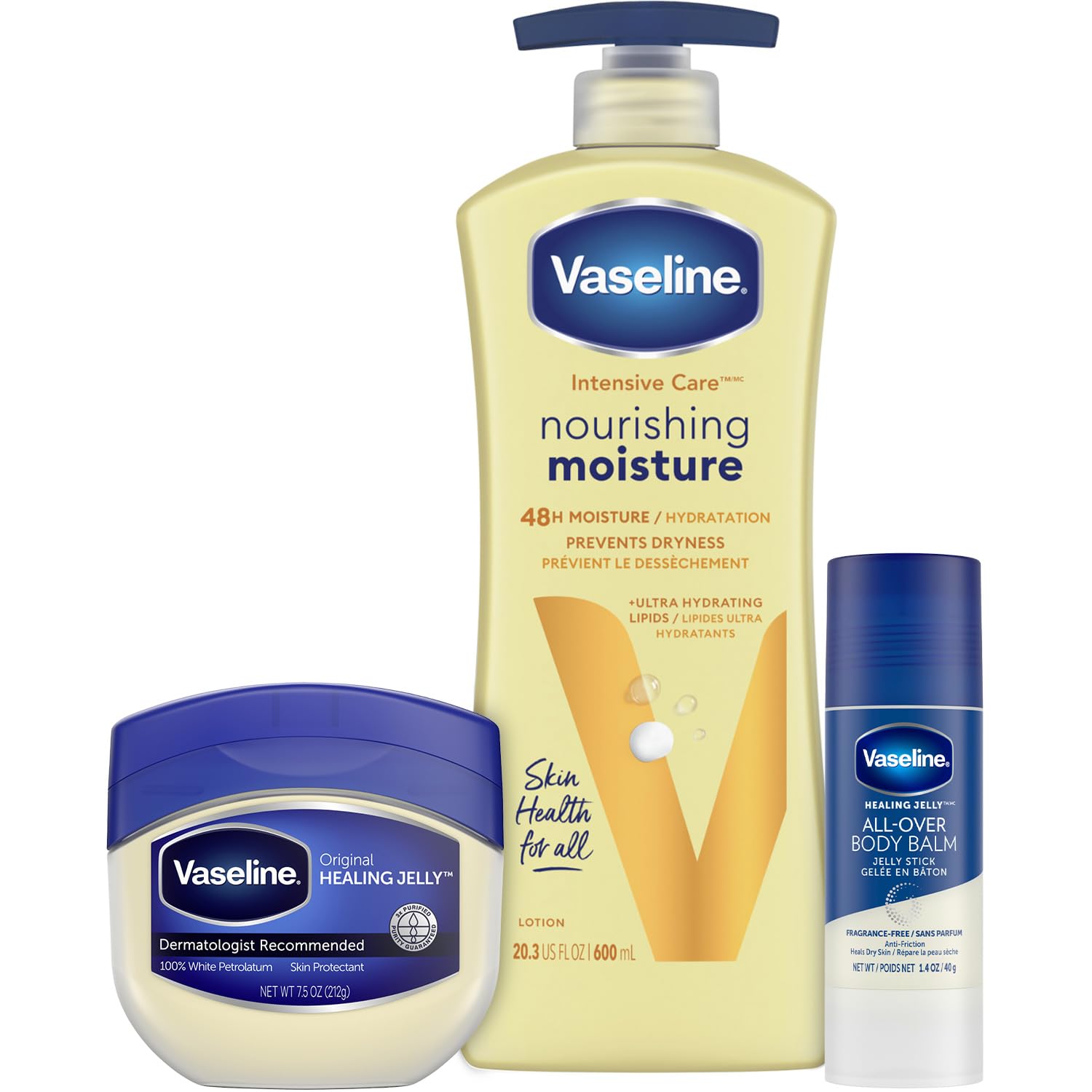 Vaseline Intensive Care Essential Healing Body Lotion 20.3 oz + Petroleum Jelly Original 7.5 oz + All-Over Body Balm Stick 1.4 oz - 3-Piece Moisturizing Skin Care Set for Dry, Cracked Skin - Perfect for Daily Hydration, Winter Care & On-The-Go Use