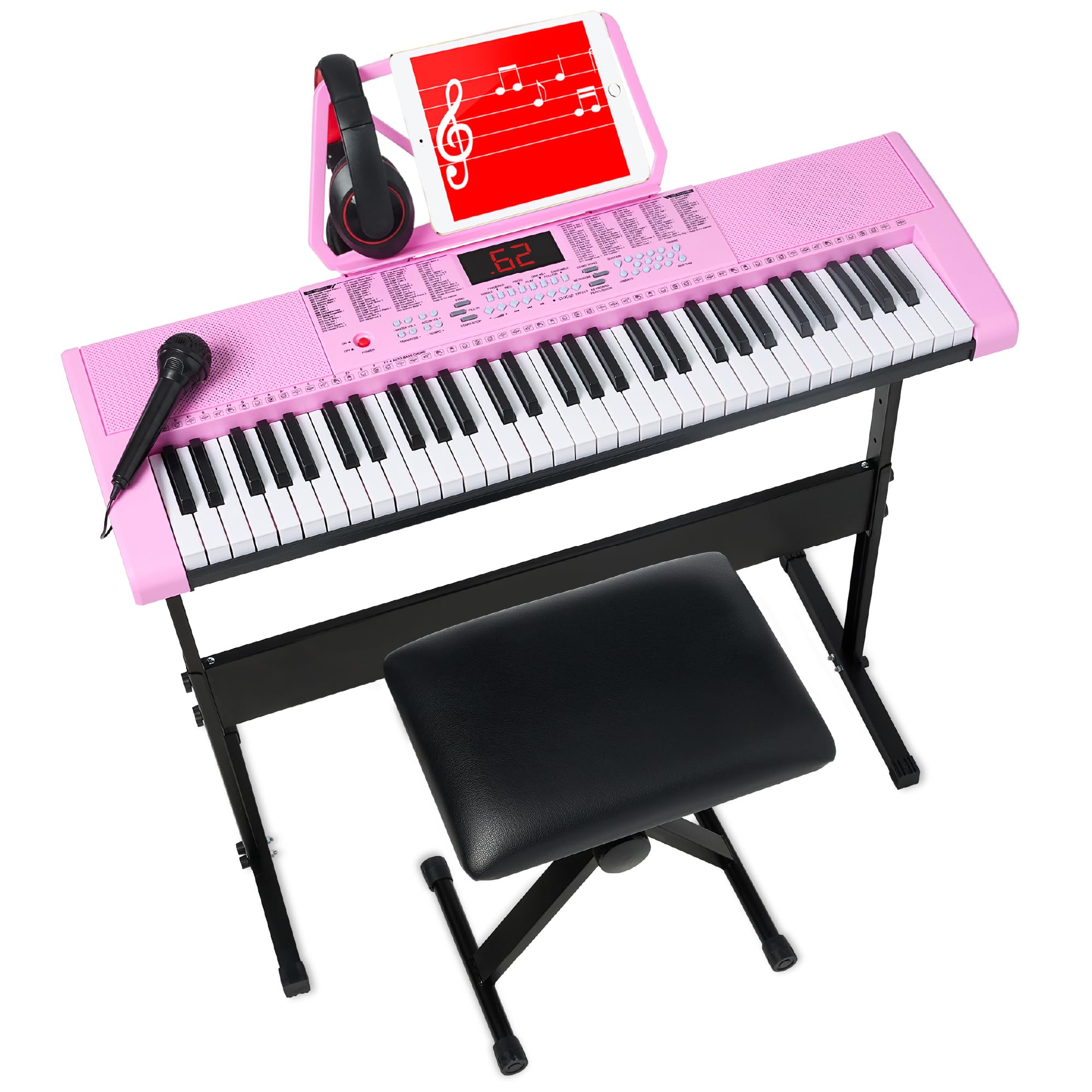 Best Choice Products 61-Key Portable Electronic Keyboard Piano Set with LED Screen, Stand, Bench & Headphones - Pink | Perfect for Beginners, Home Practice & Music Lessons