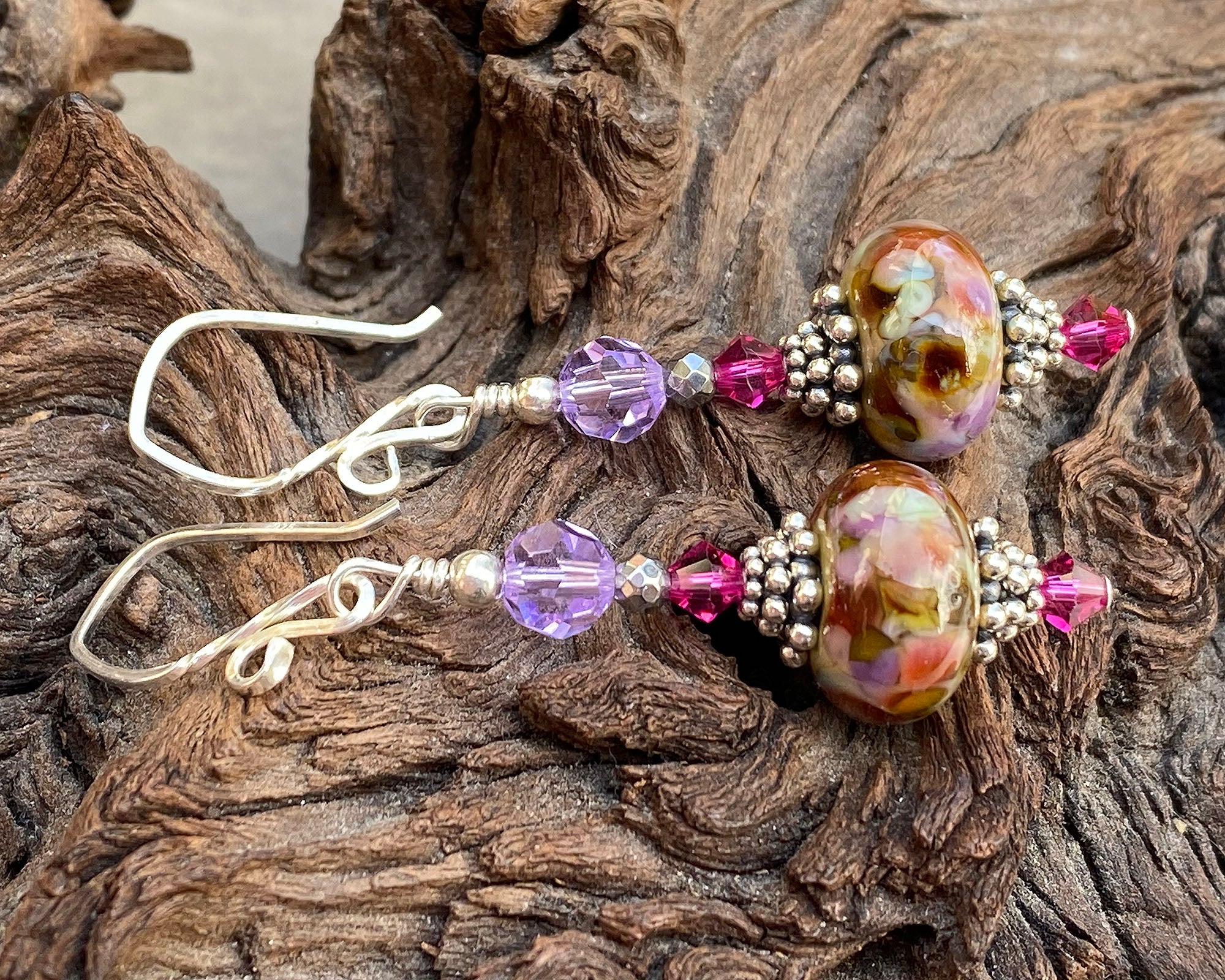 Handmade Violet Pink Mosaic Lampwork Glass Earrings for Women - Bohemian Style Jewelry Gift for Parties, Weddings & Special Occasions
