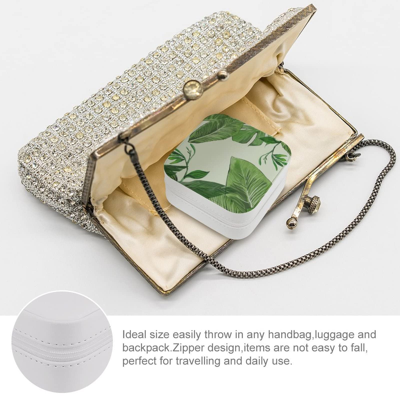 Elegant Green Leaves PU Jewelry Box - Portable Travel Organizer for Rings, Earrings, Necklaces & Bracelets | Perfect for Gift Giving, Travel Storage & Home Display